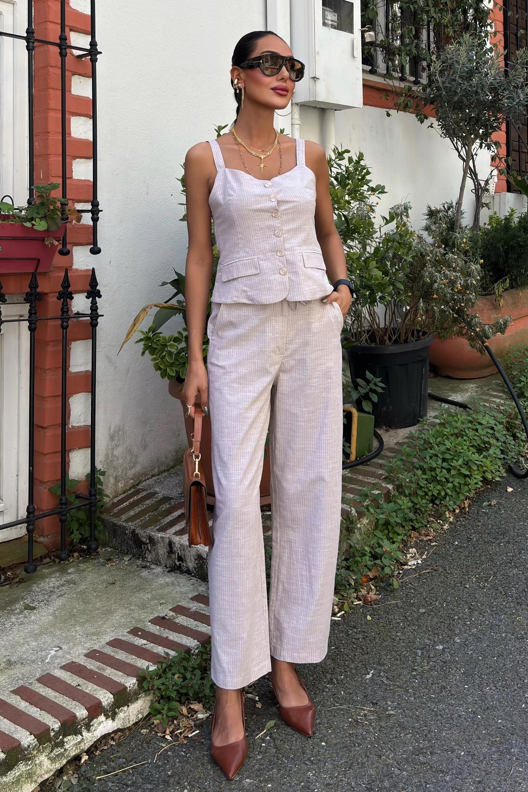 Kalın Askılı Bluz Pantolon Keten Takım 10187 R9-I-K2