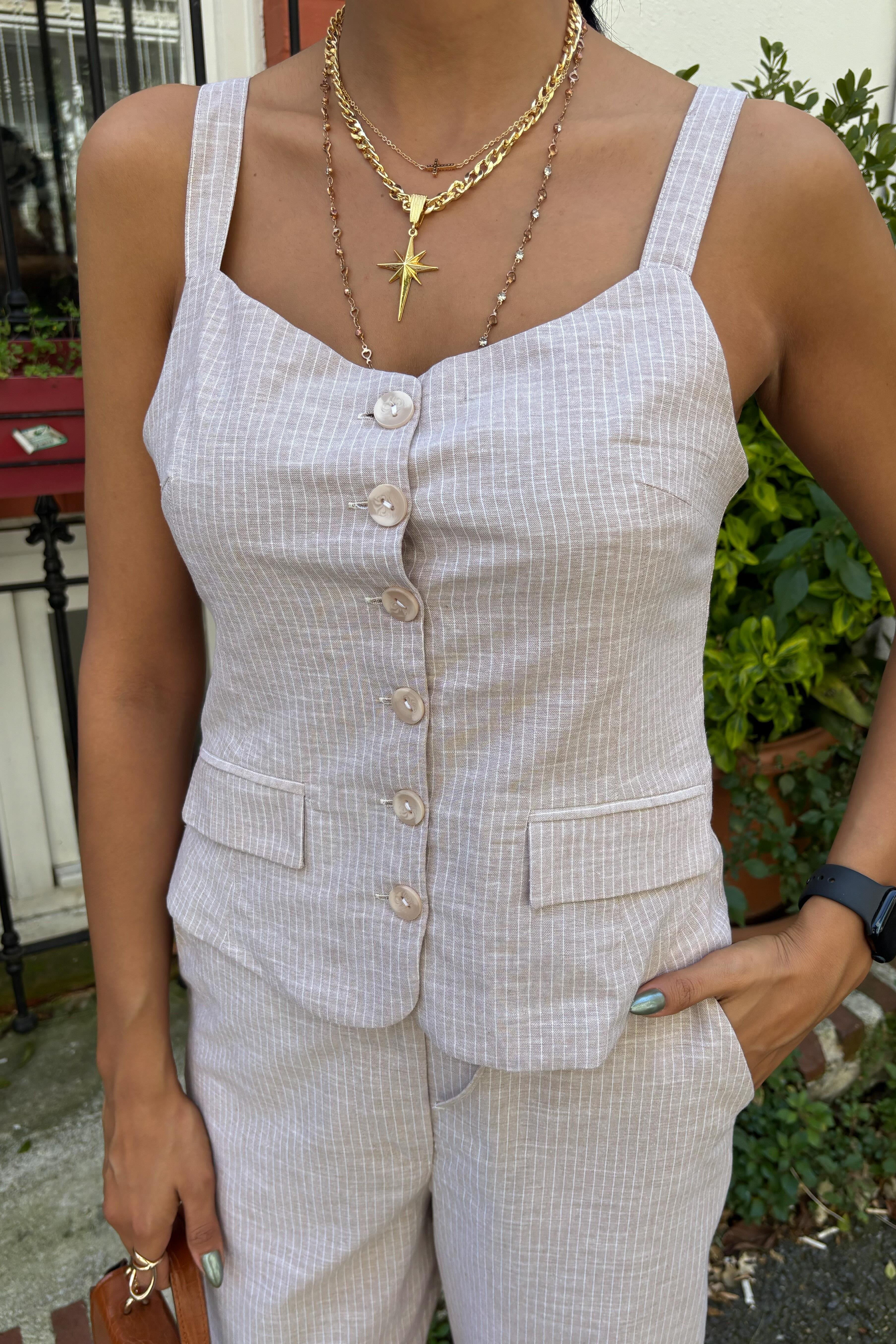 Kalın Askılı Bluz Pantolon Keten Takım 10187 R9-I-K2