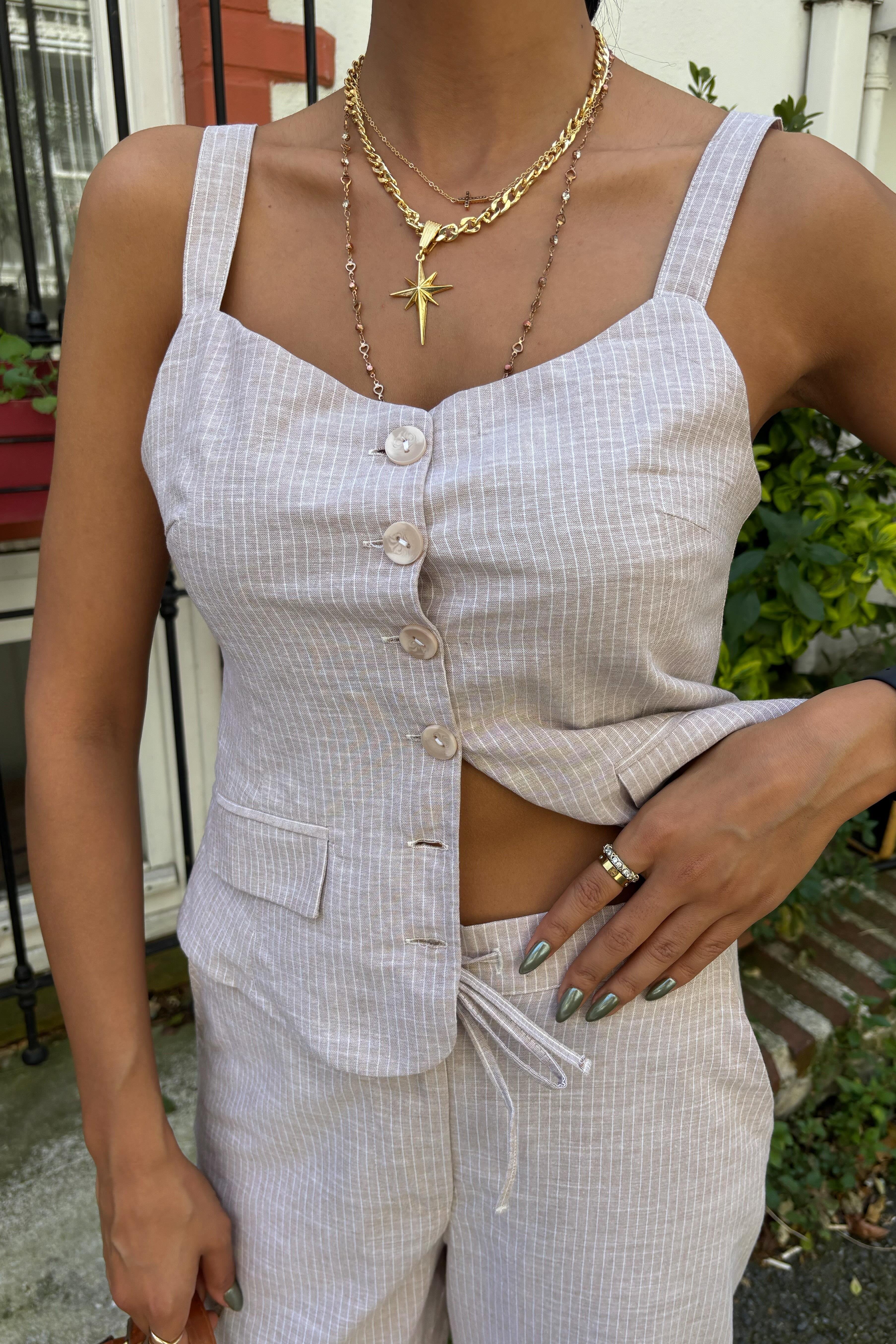 Kalın Askılı Bluz Pantolon Keten Takım 10187 R9-I-K2