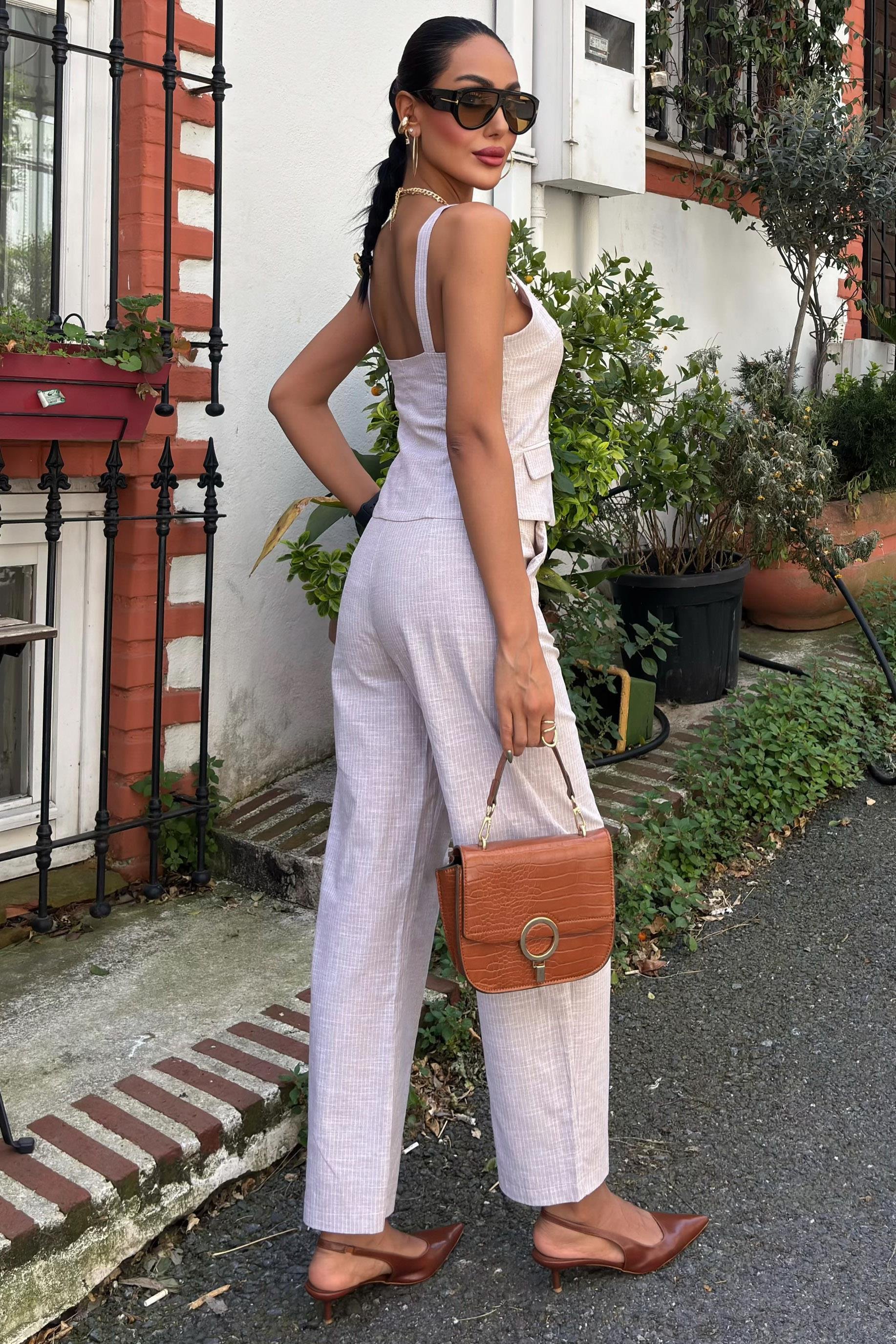 Kalın Askılı Bluz Pantolon Keten Takım 10187 R9-I-K2