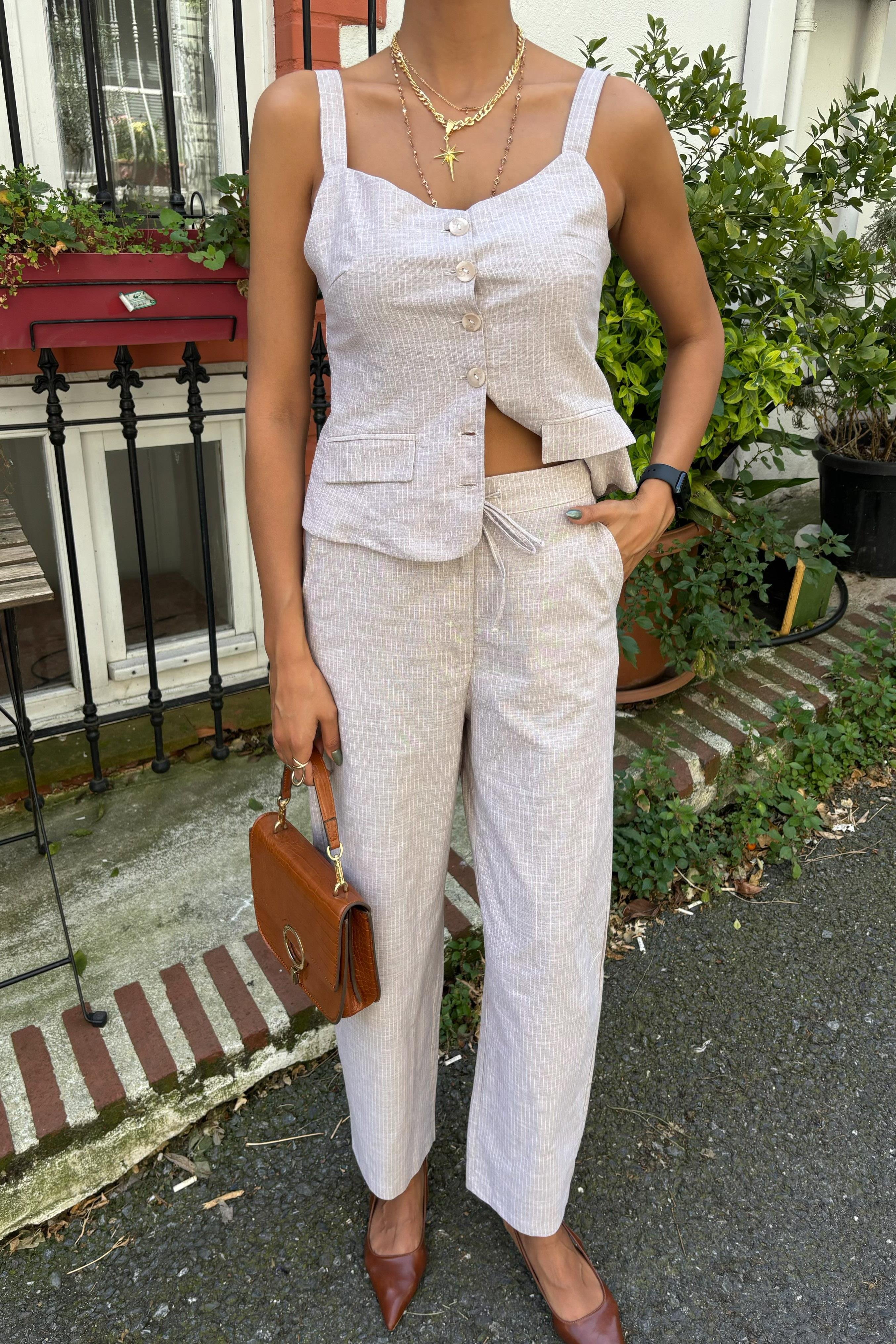 Kalın Askılı Bluz Pantolon Keten Takım 10187 R9-I-K2