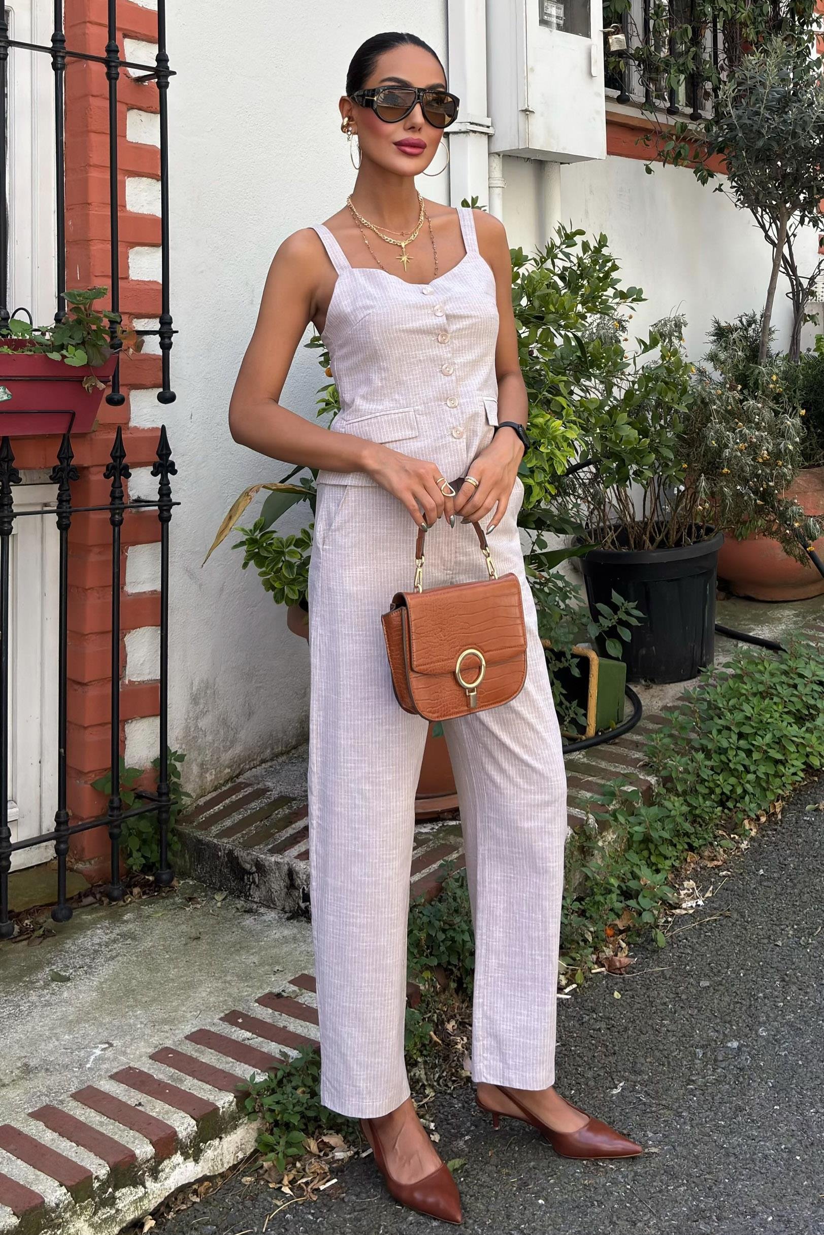 Kalın Askılı Bluz Pantolon Keten Takım 10187 R9-I-K2