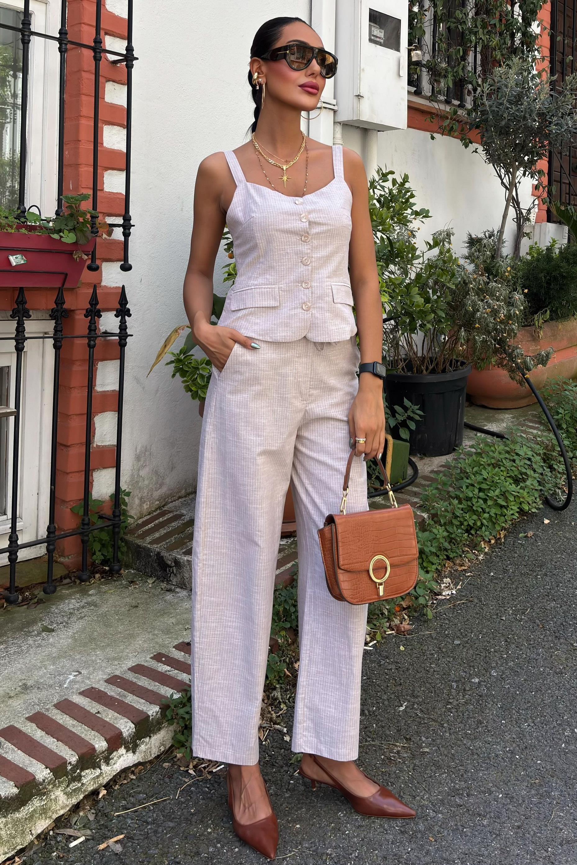 Kalın Askılı Bluz Pantolon Keten Takım 10187 R9-I-K2