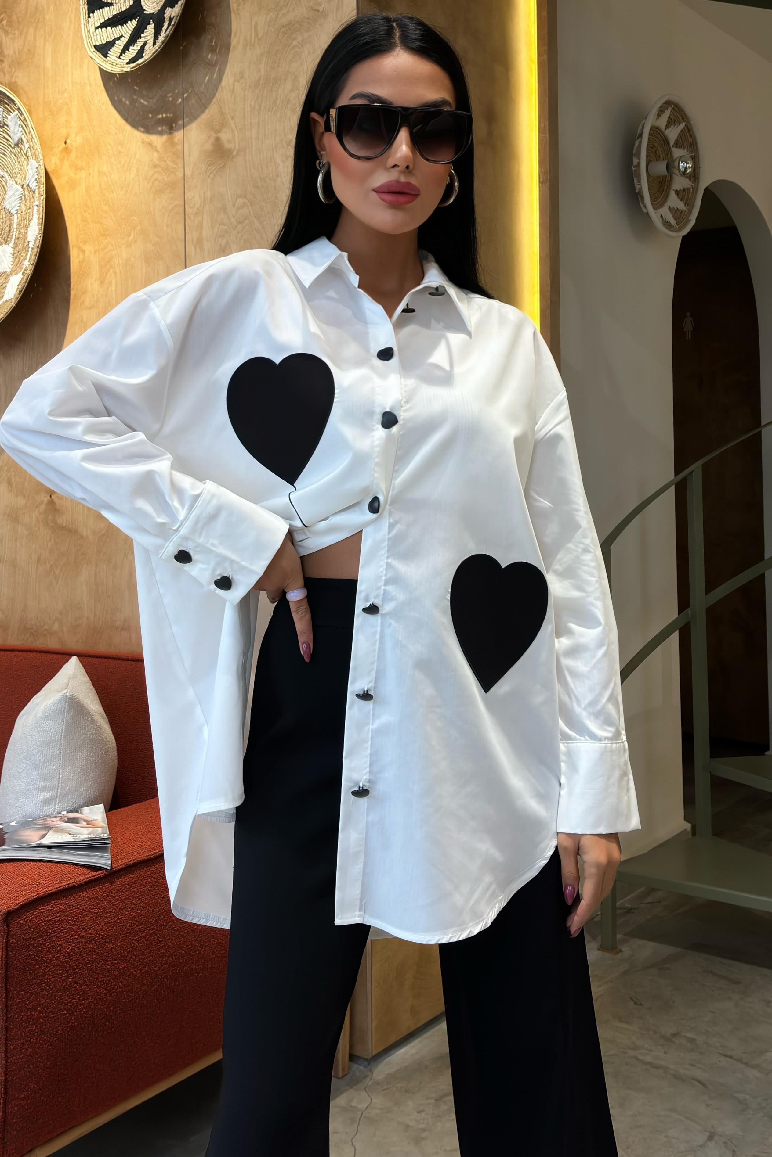 Kalp Nakışlı ve Düğme Detaylı Oversize Gömlek 3430 R7-A-K4