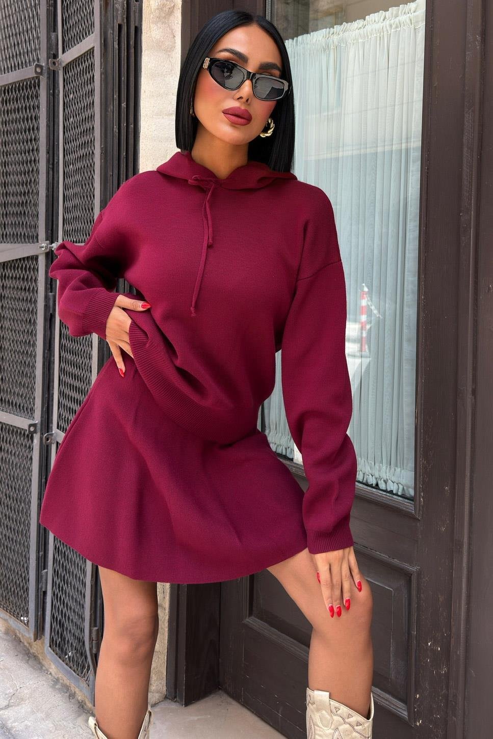 Kapüşonlu ve Etekli Triko Takım 10224 R1-H-K1