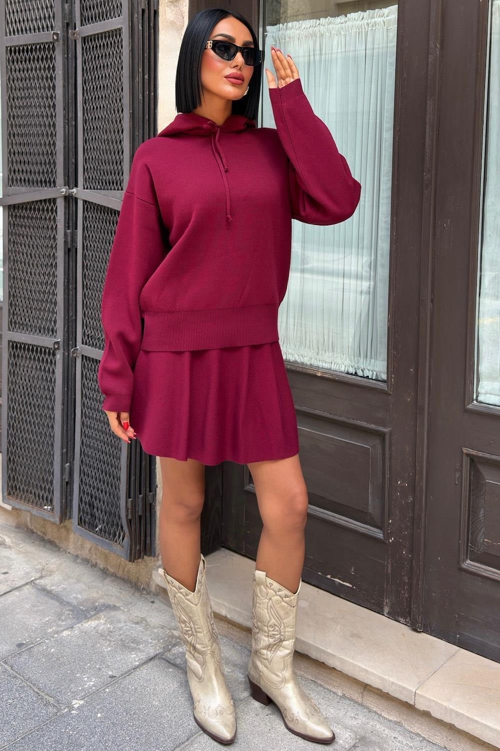 Kapüşonlu ve Etekli Triko Takım 10224 R1-H-K1