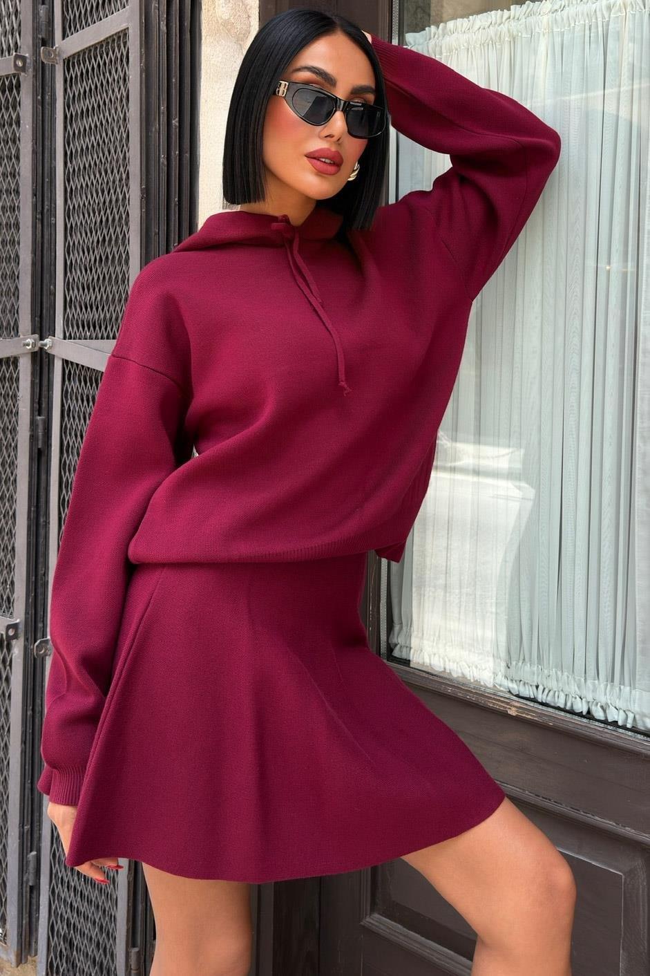 Kapüşonlu ve Etekli Triko Takım 10224 R1-H-K1