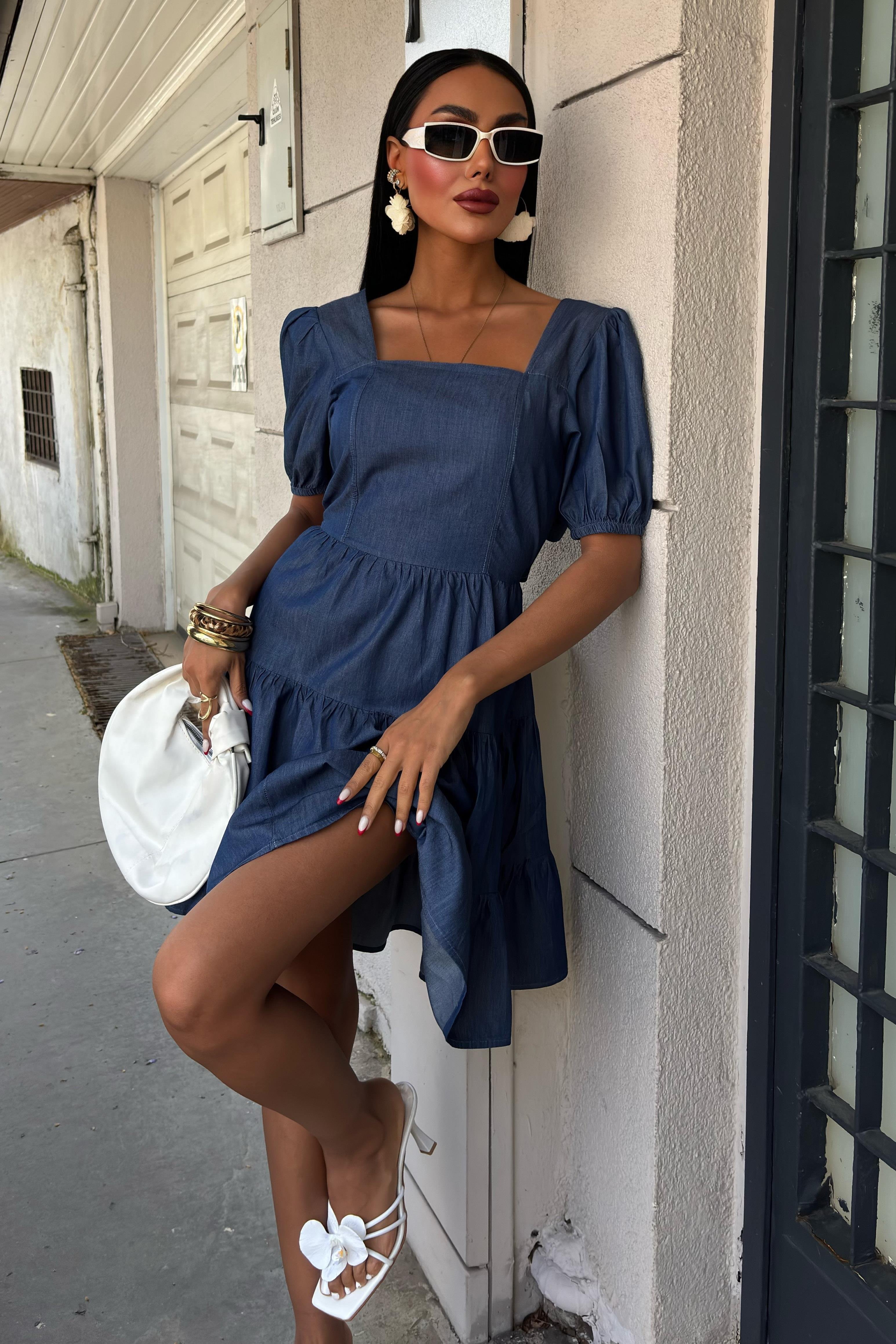 Kare Yakalı ve Gipe Detaylı Tensel Elbise 2883 R7-J-K3