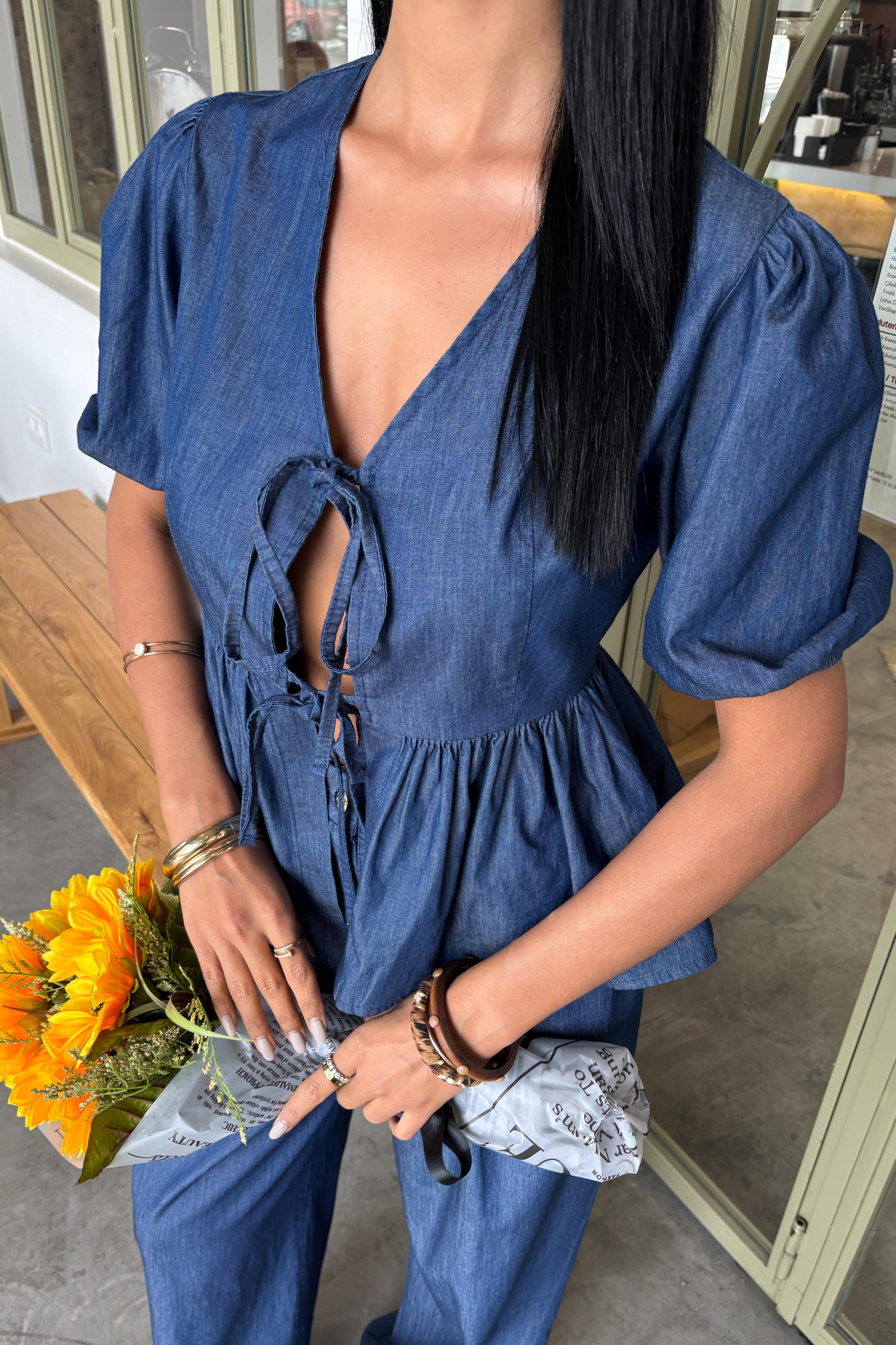 Karpuz Kol Önü Bağcıklı Plazzo Pantolon Tensel Takım 10177 R3-A-K2