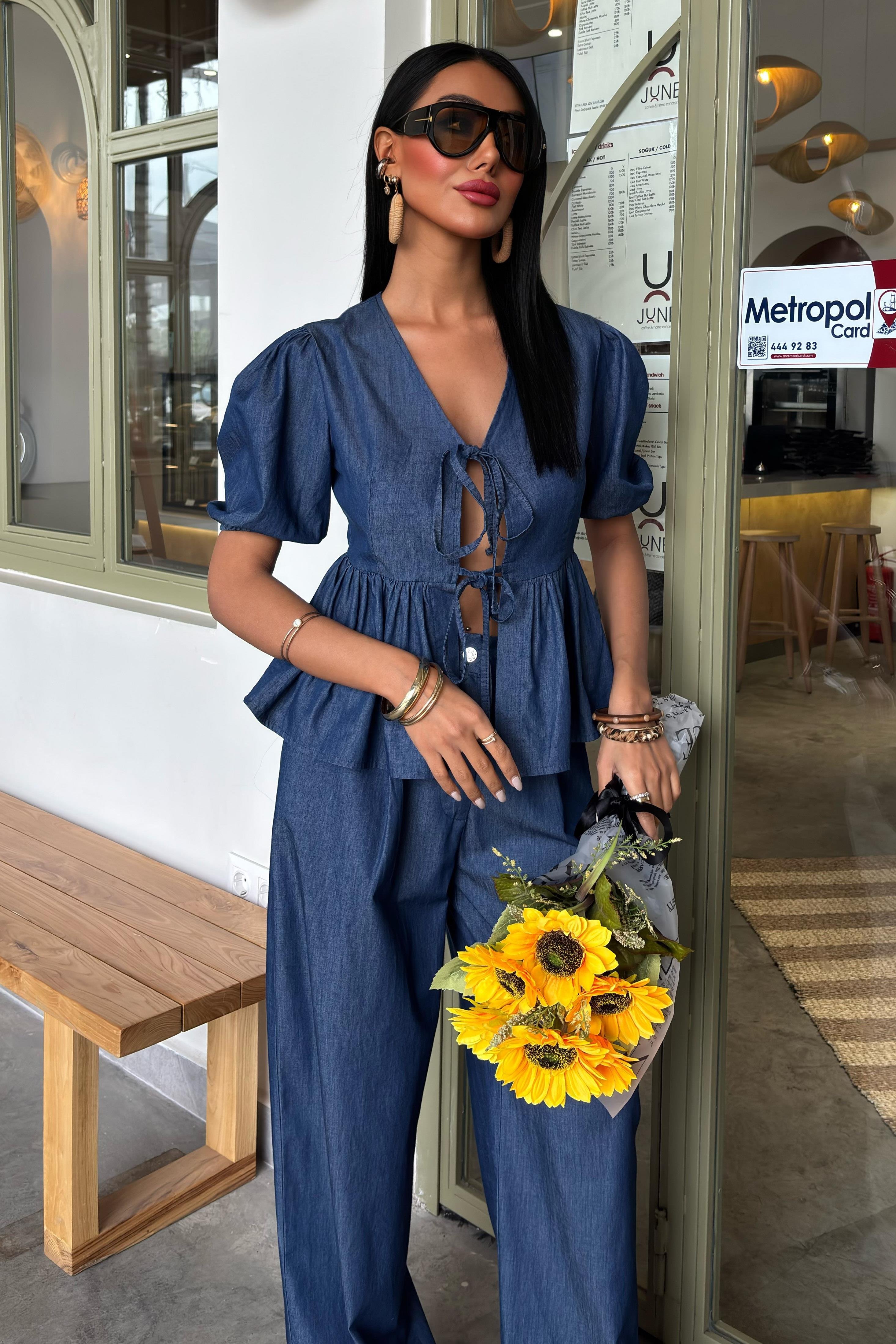 Karpuz Kol Önü Bağcıklı Plazzo Pantolon Tensel Takım 10177 R3-A-K2