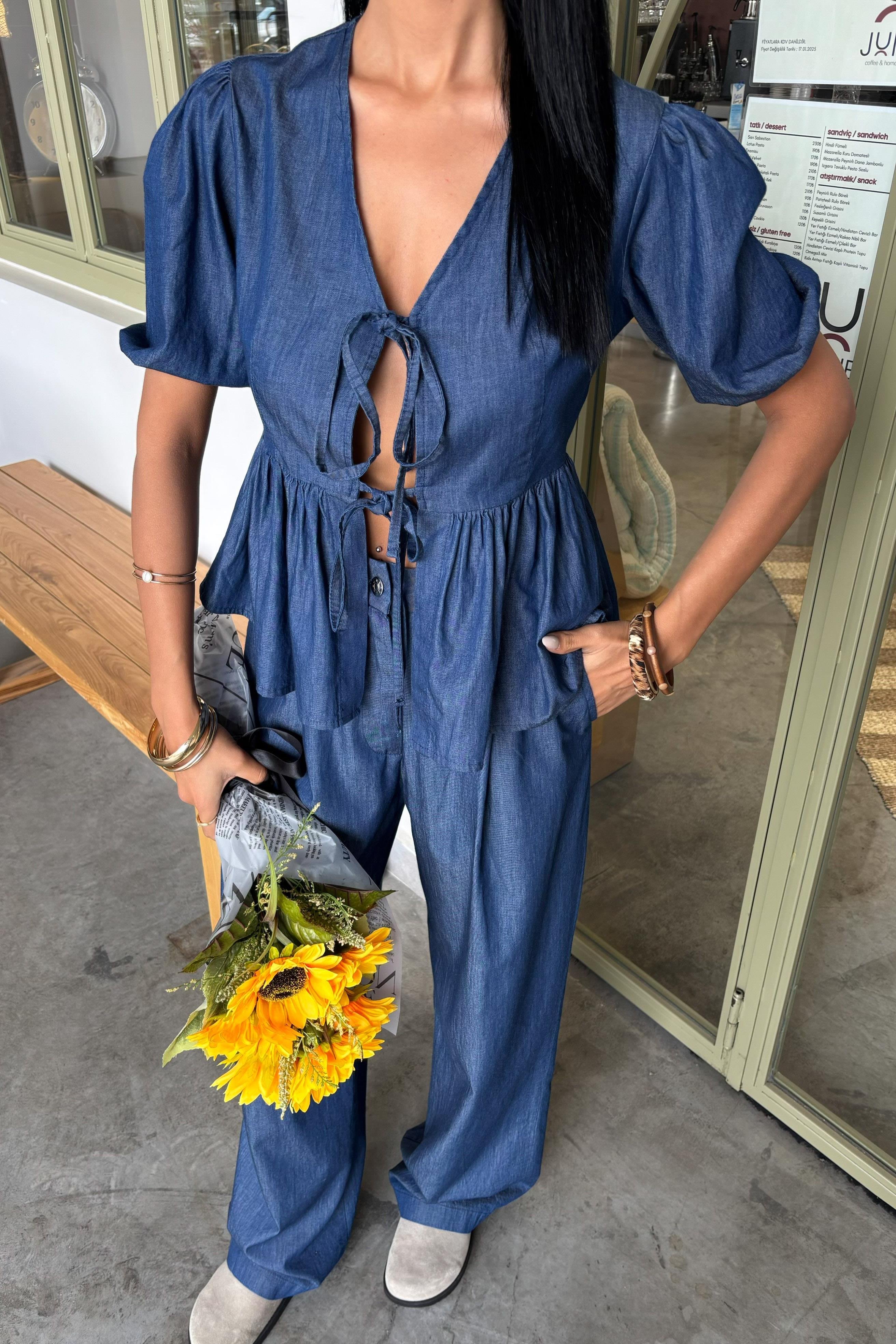 Karpuz Kol Önü Bağcıklı Plazzo Pantolon Tensel Takım 10177 R3-A-K2