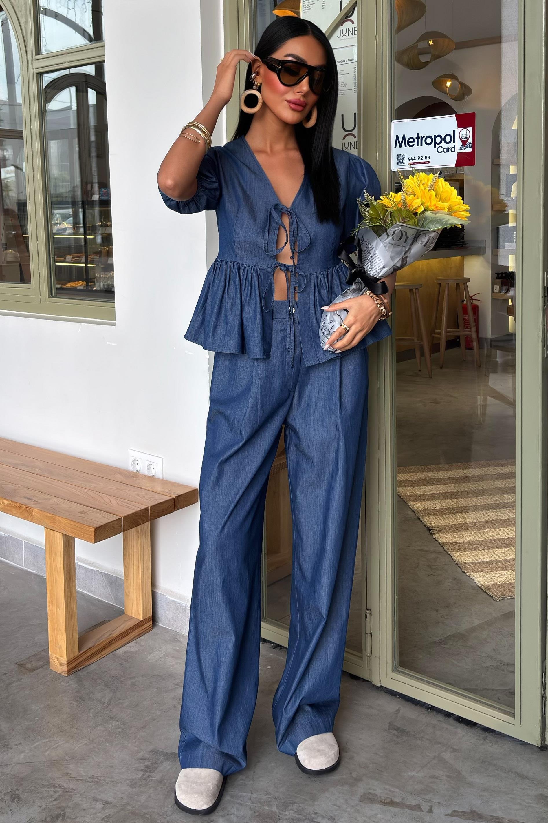 Karpuz Kol Önü Bağcıklı Plazzo Pantolon Tensel Takım 10177 R3-A-K2