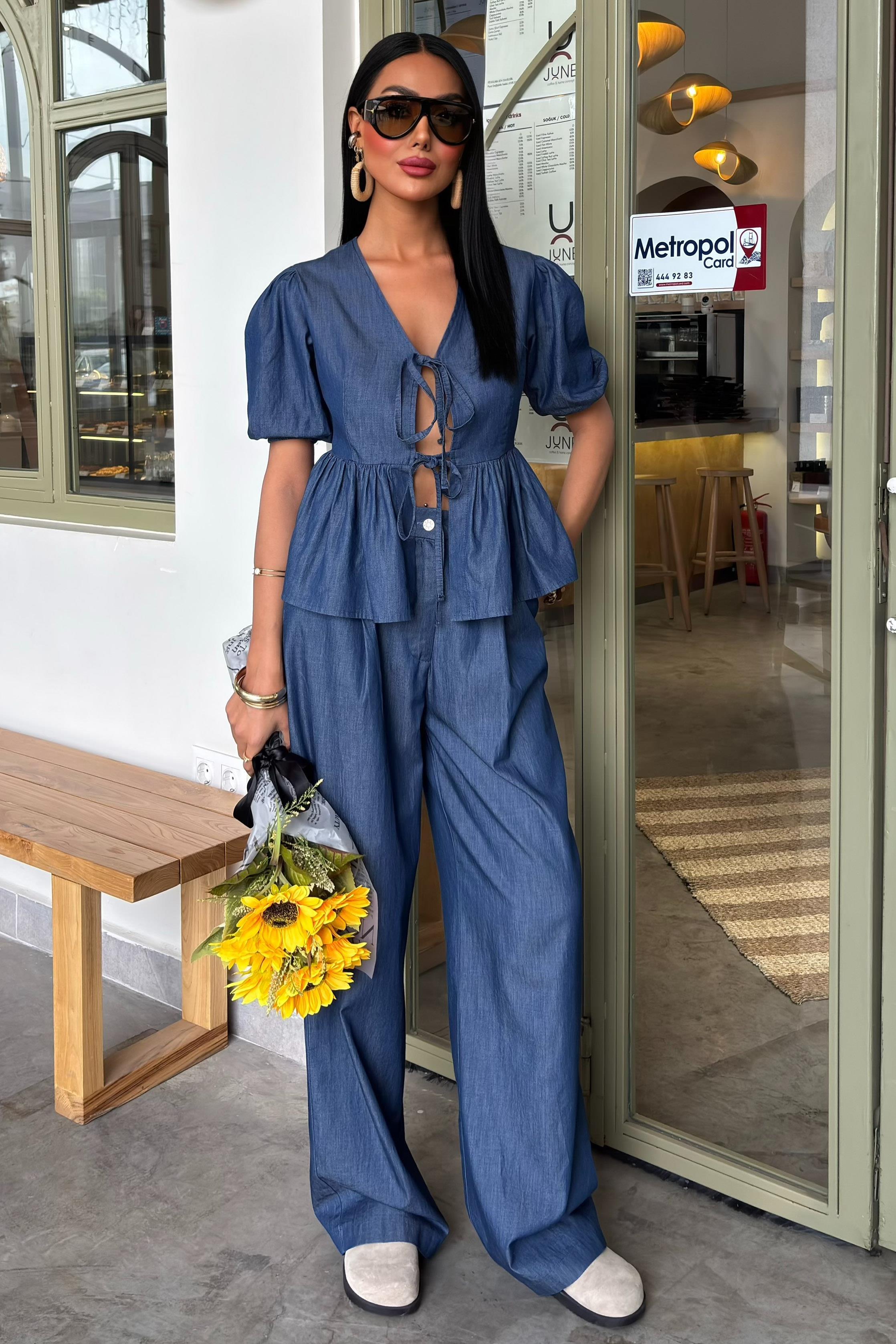 Karpuz Kol Önü Bağcıklı Plazzo Pantolon Tensel Takım 10177 R3-A-K2