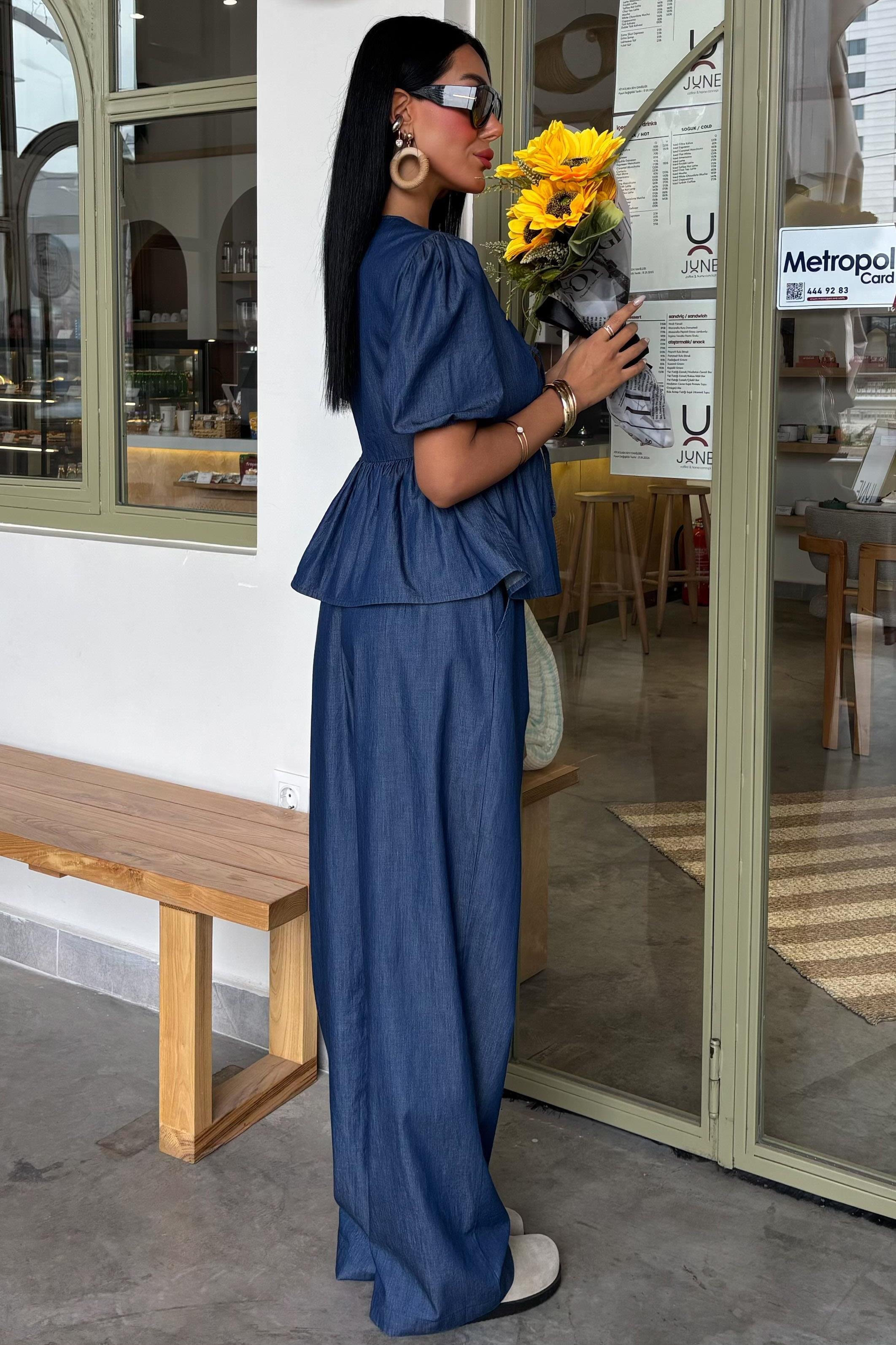 Karpuz Kol Önü Bağcıklı Plazzo Pantolon Tensel Takım 10177 R3-A-K2