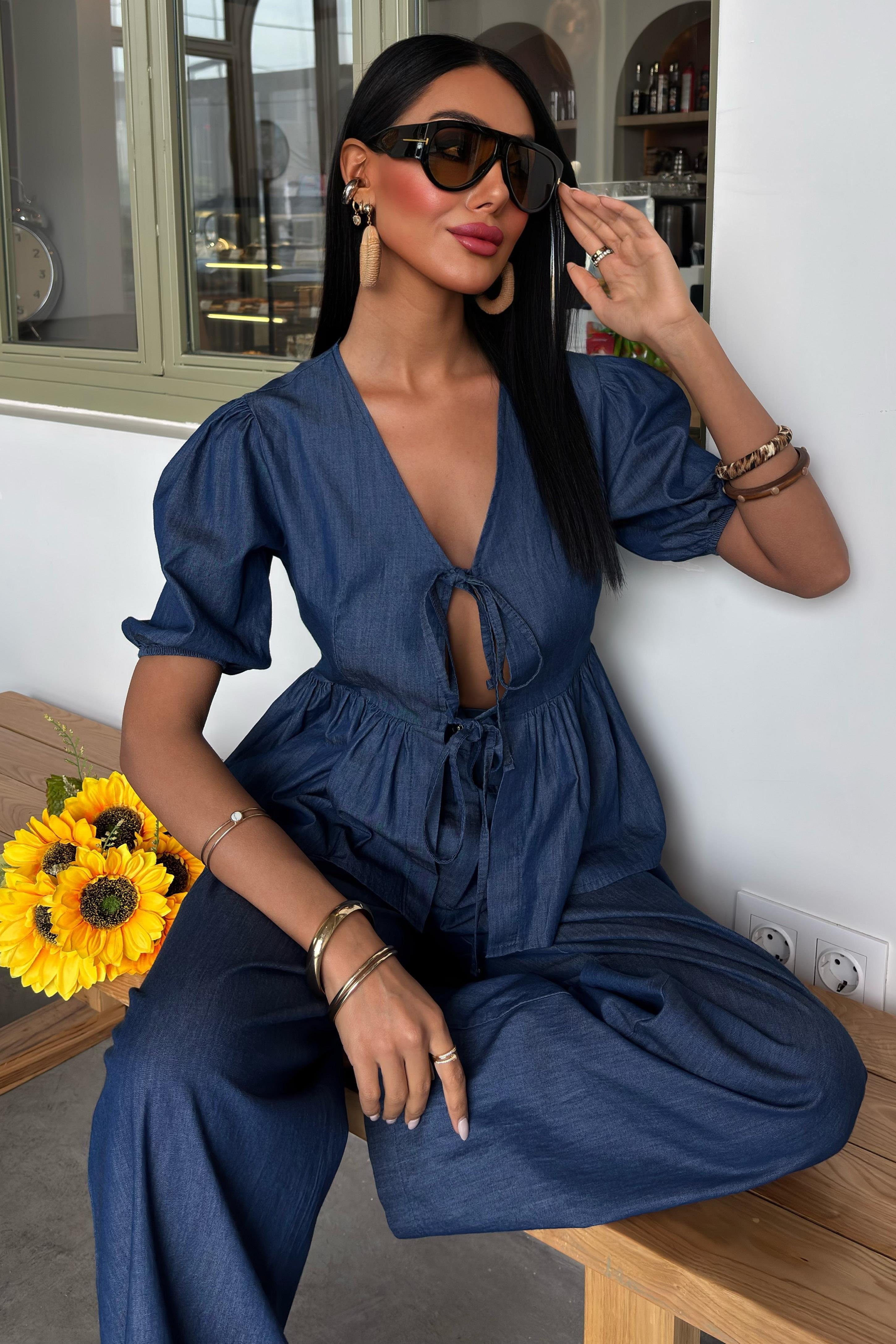 Karpuz Kol Önü Bağcıklı Plazzo Pantolon Tensel Takım 10177 R3-A-K2