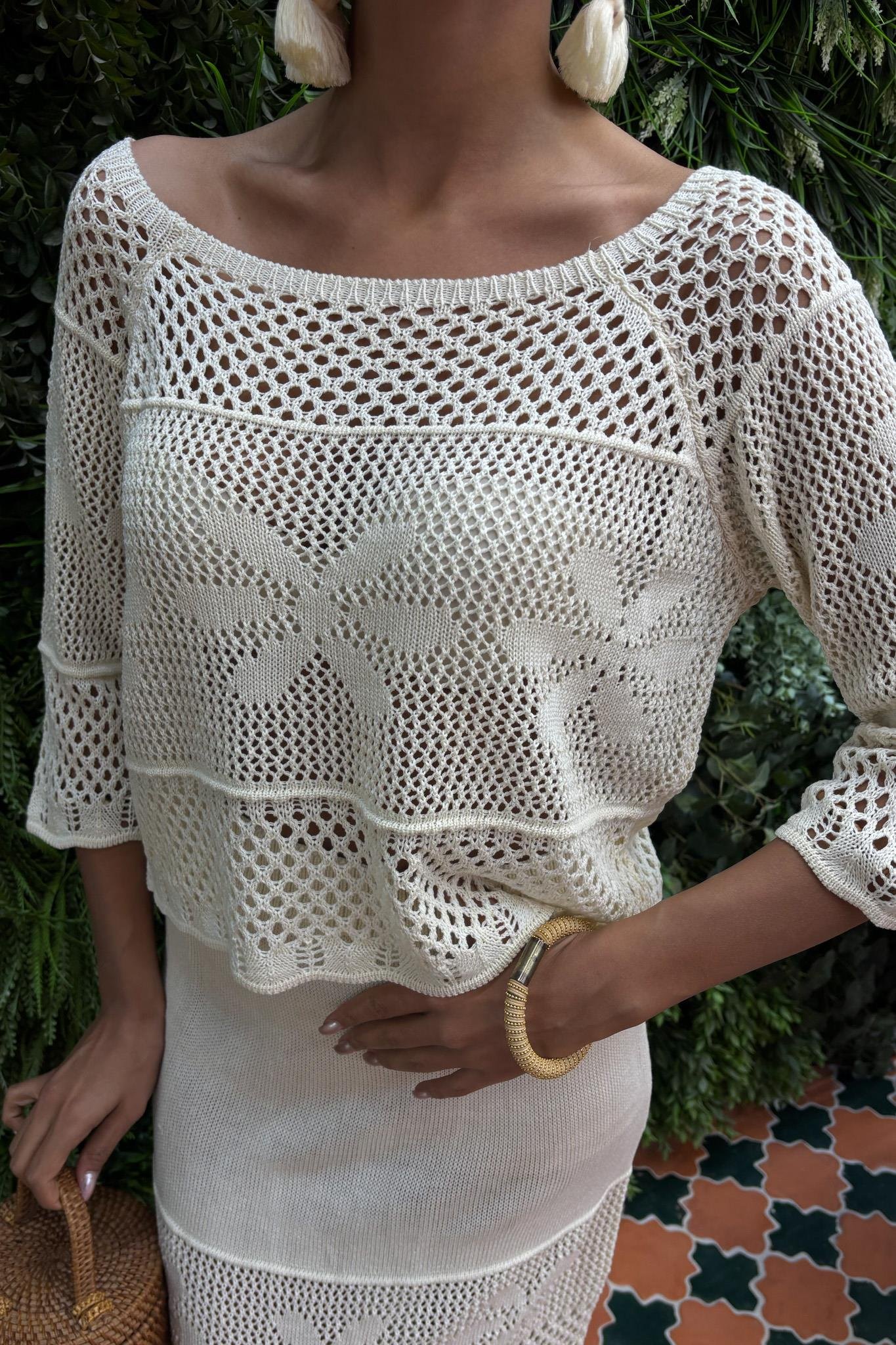 Kayık Yaka Yarım Kol Ajurlu Triko Takım 10093 R1-M-K2