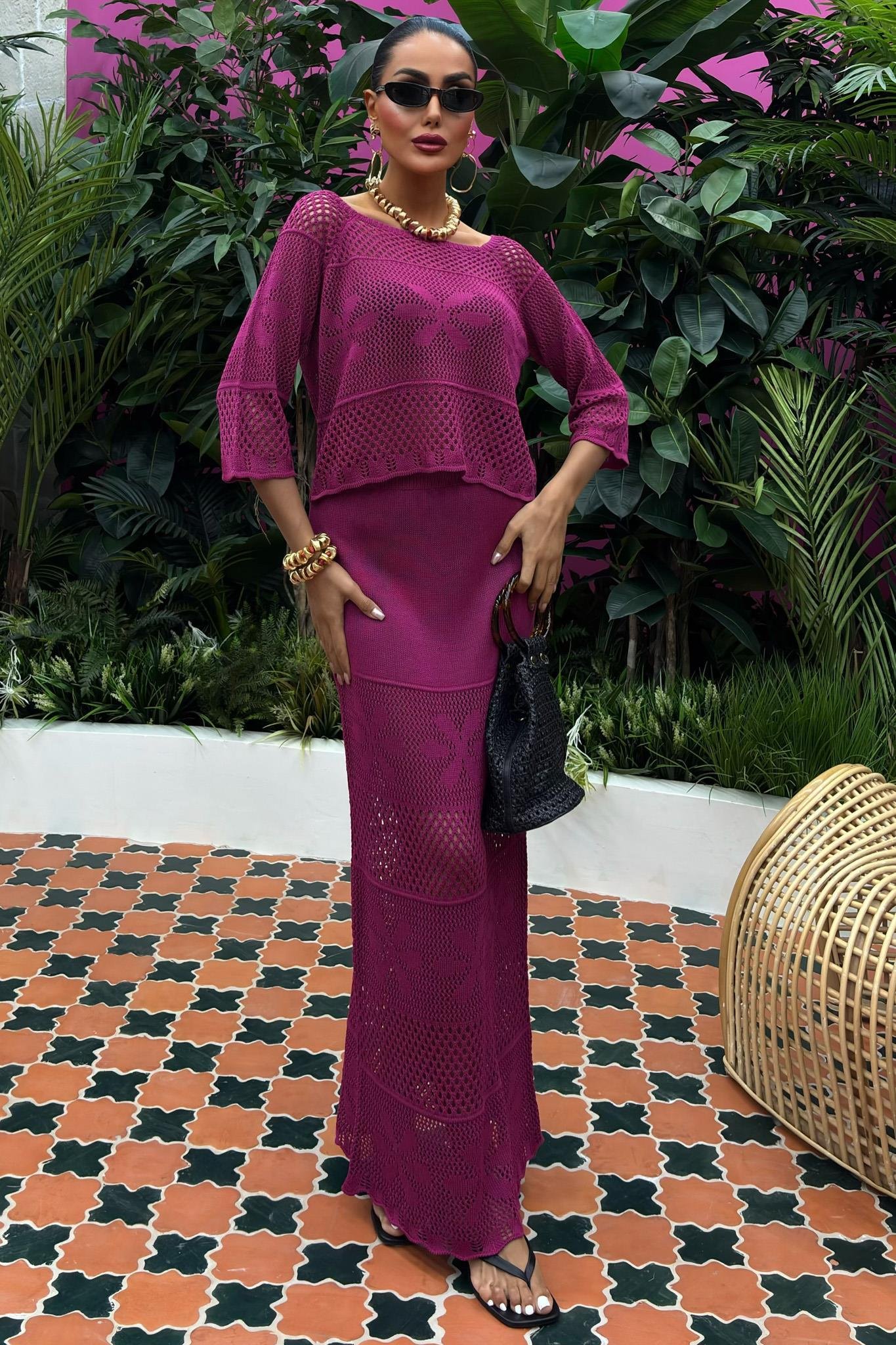 Kayık Yaka Yarım Kol Ajurlu Triko Takım 10093 R1-M-K2