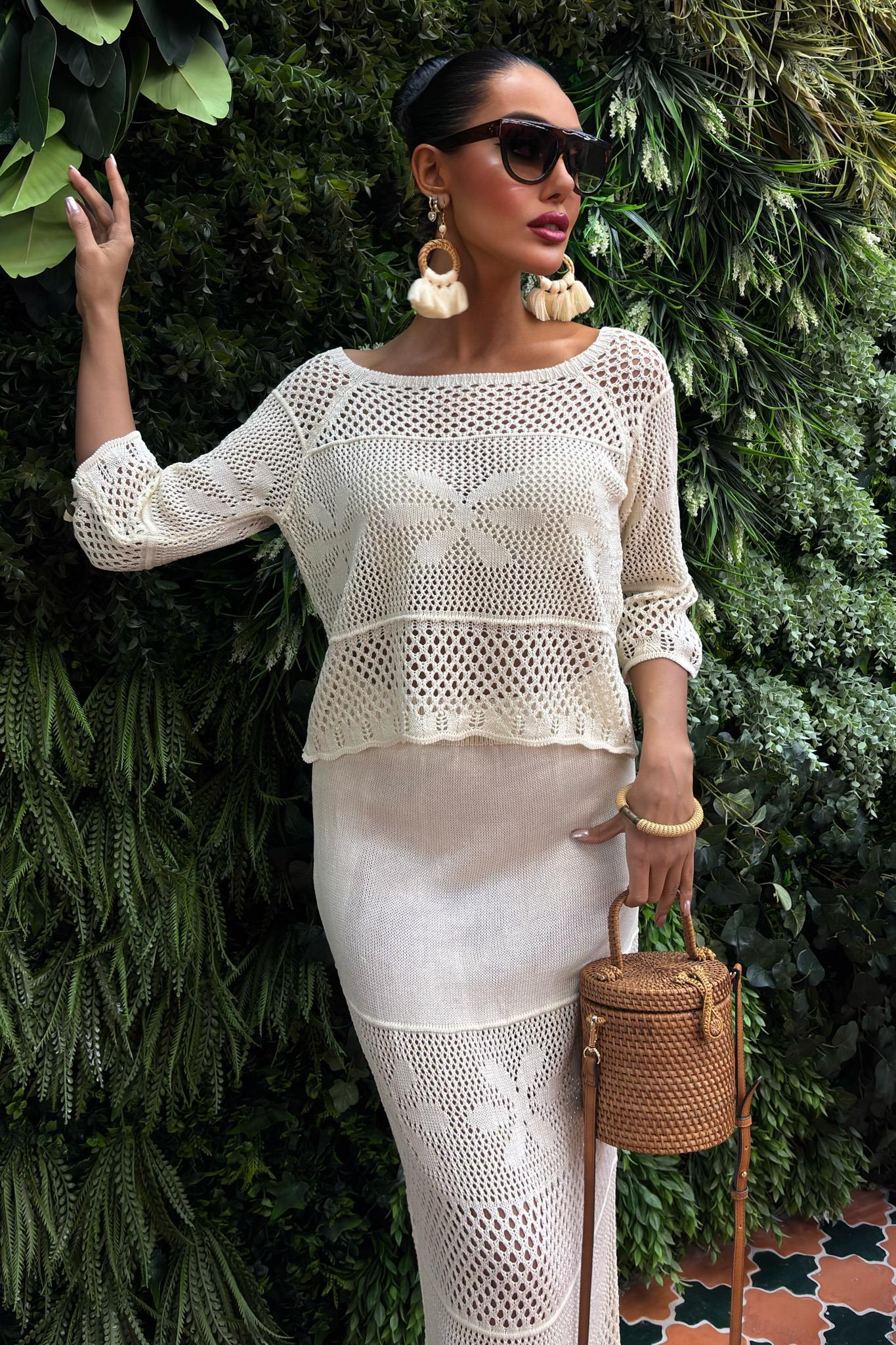 Kayık Yaka Yarım Kol Ajurlu Triko Takım 10093 R1-M-K2