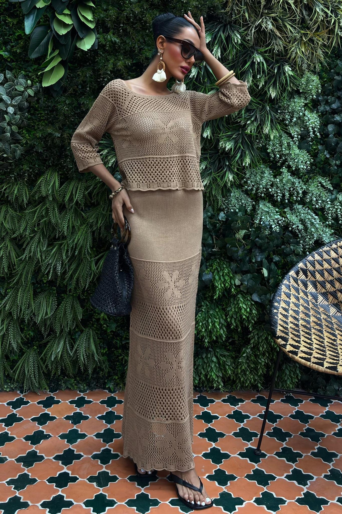 Kayık Yaka Yarım Kol Ajurlu Triko Takım 10093 R1-M-K2