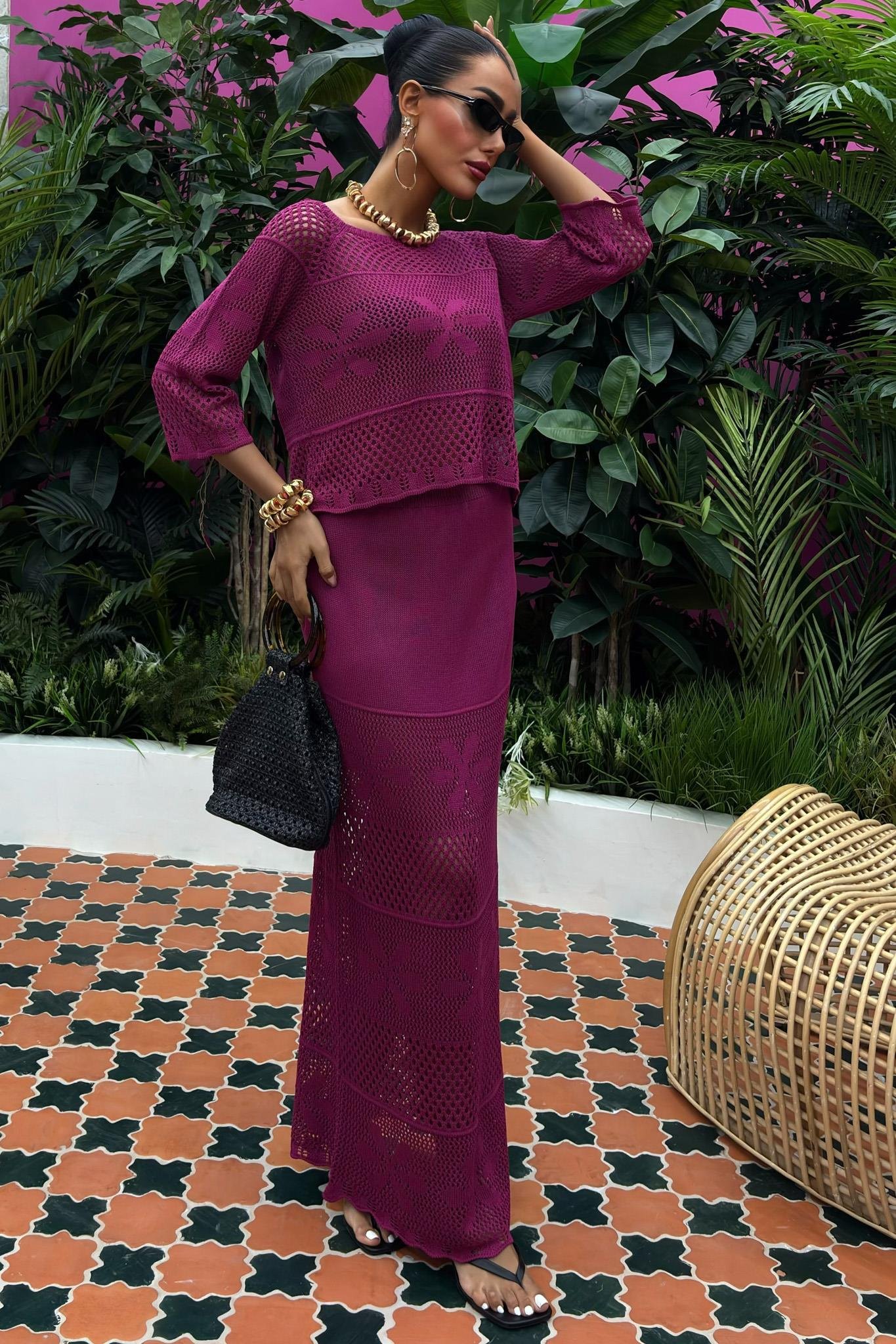 Kayık Yaka Yarım Kol Ajurlu Triko Takım 10093 R1-M-K2