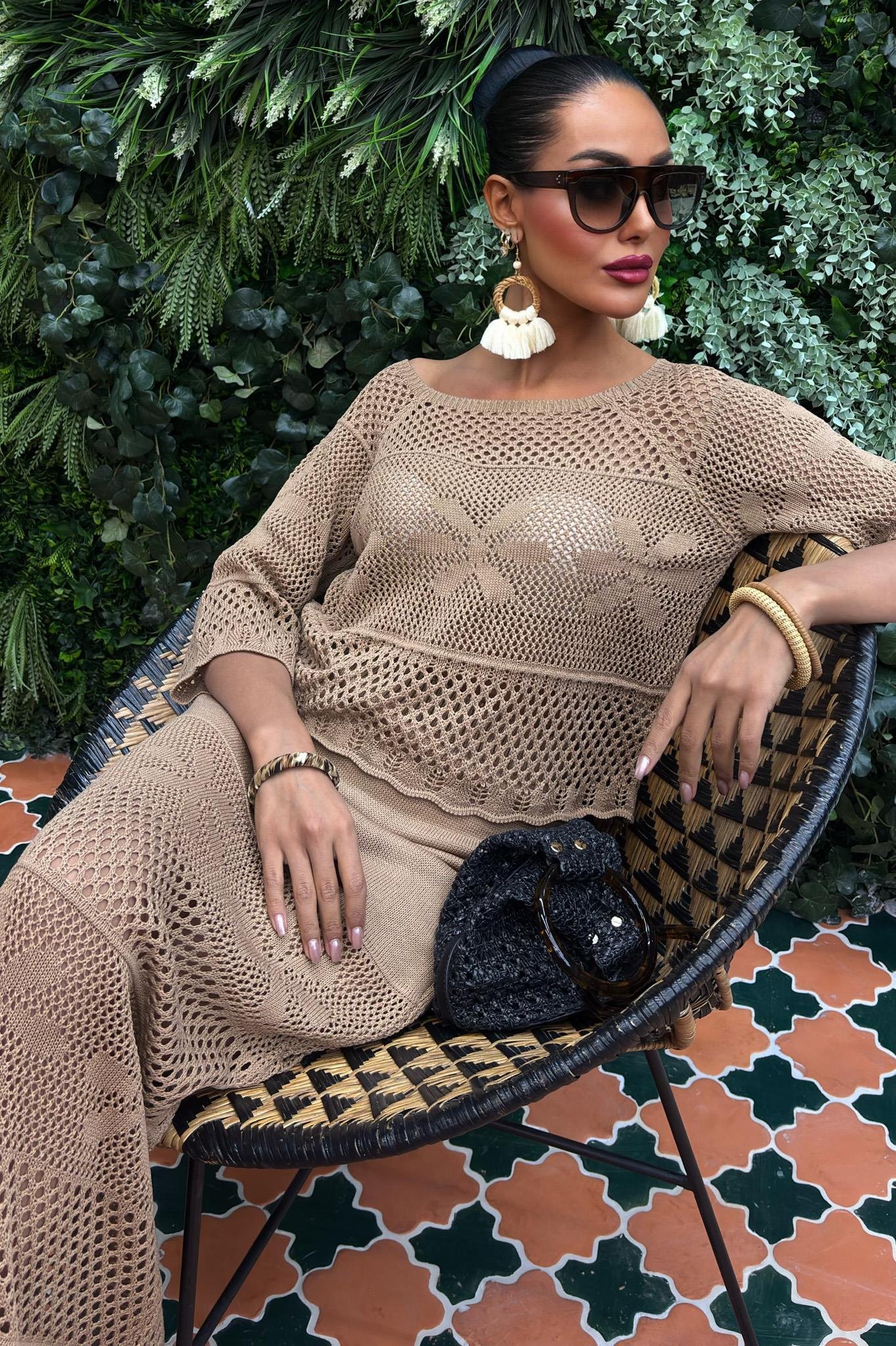 Kayık Yaka Yarım Kol Ajurlu Triko Takım 10093 R1-M-K2