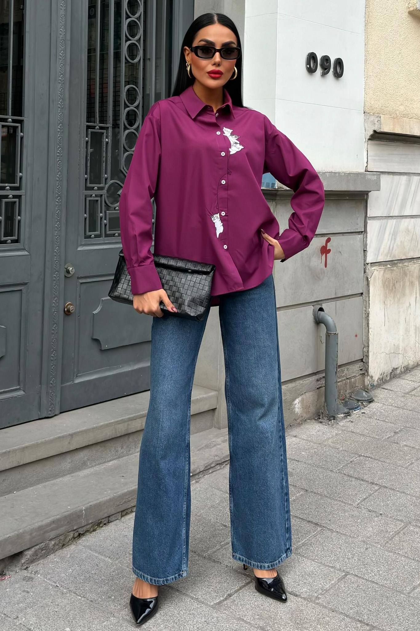 Kedi Nakışlı Poplin Gömlek 3462