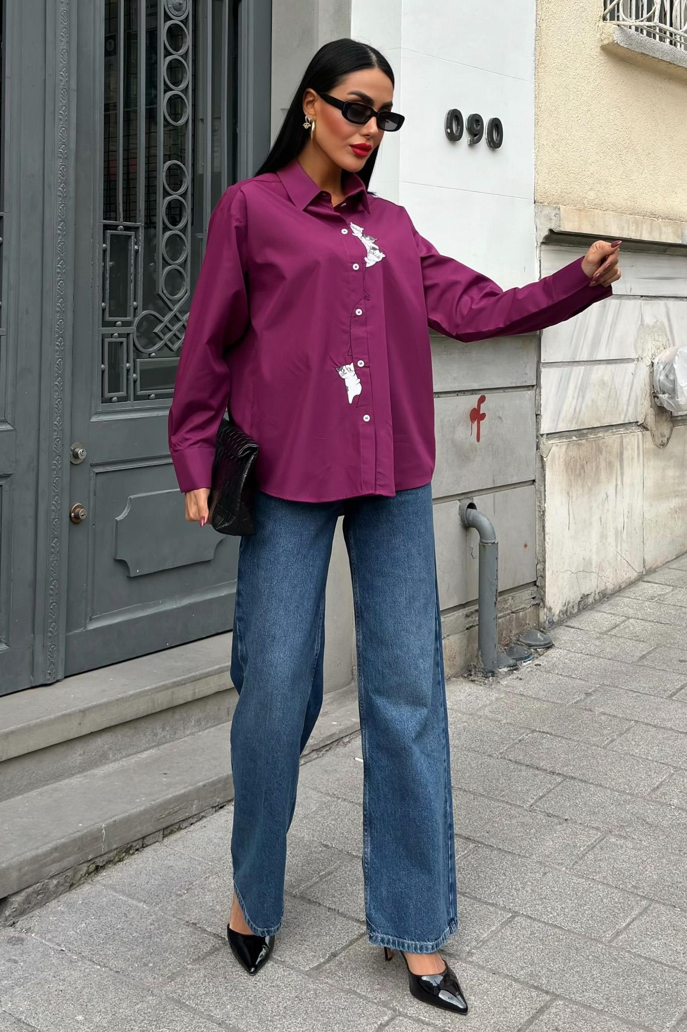 Kedi Nakışlı Poplin Gömlek 3462