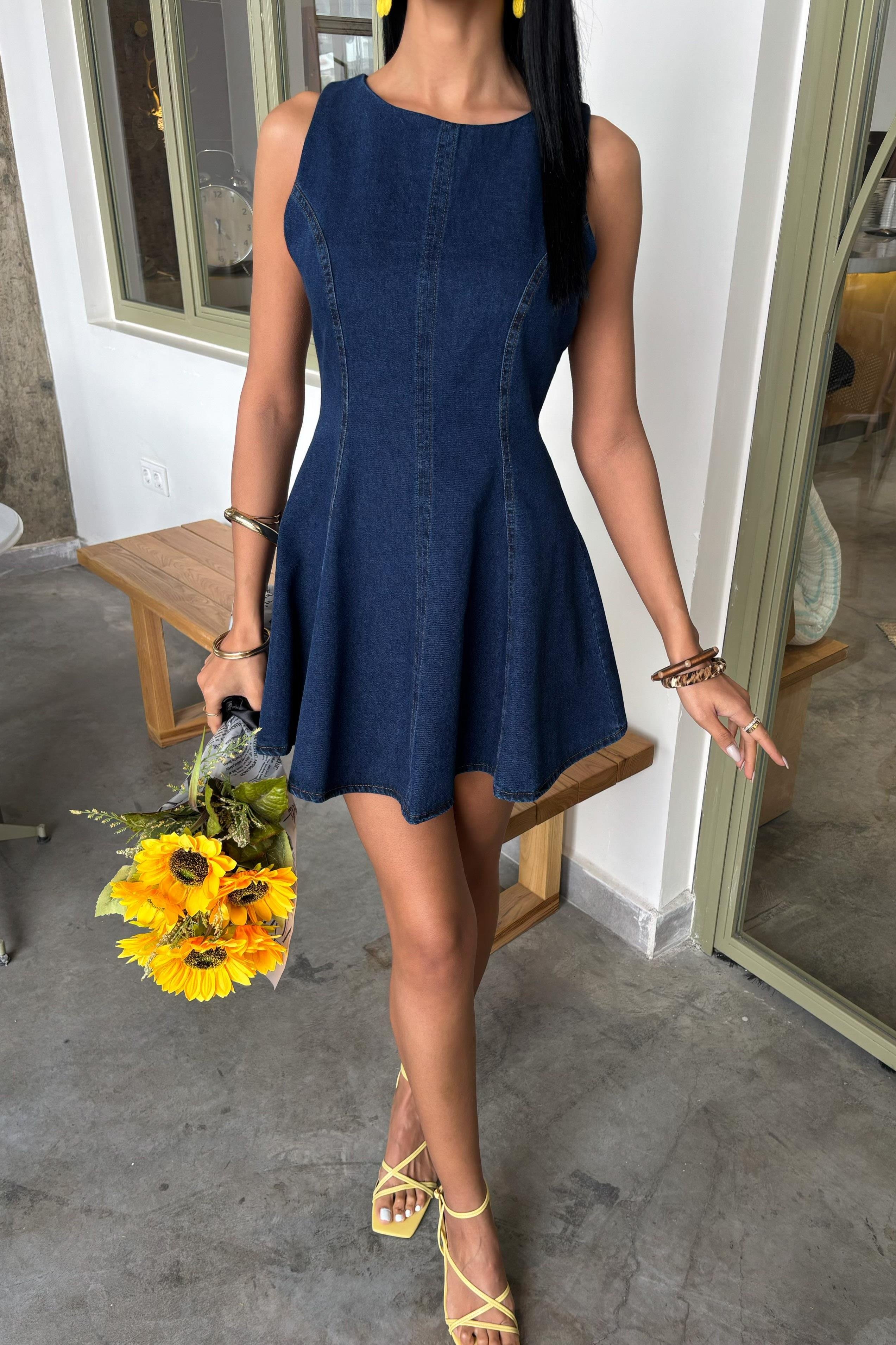 Kolsuz Belden Oturtmalı Denim Elbise 2885 R5-J-K5