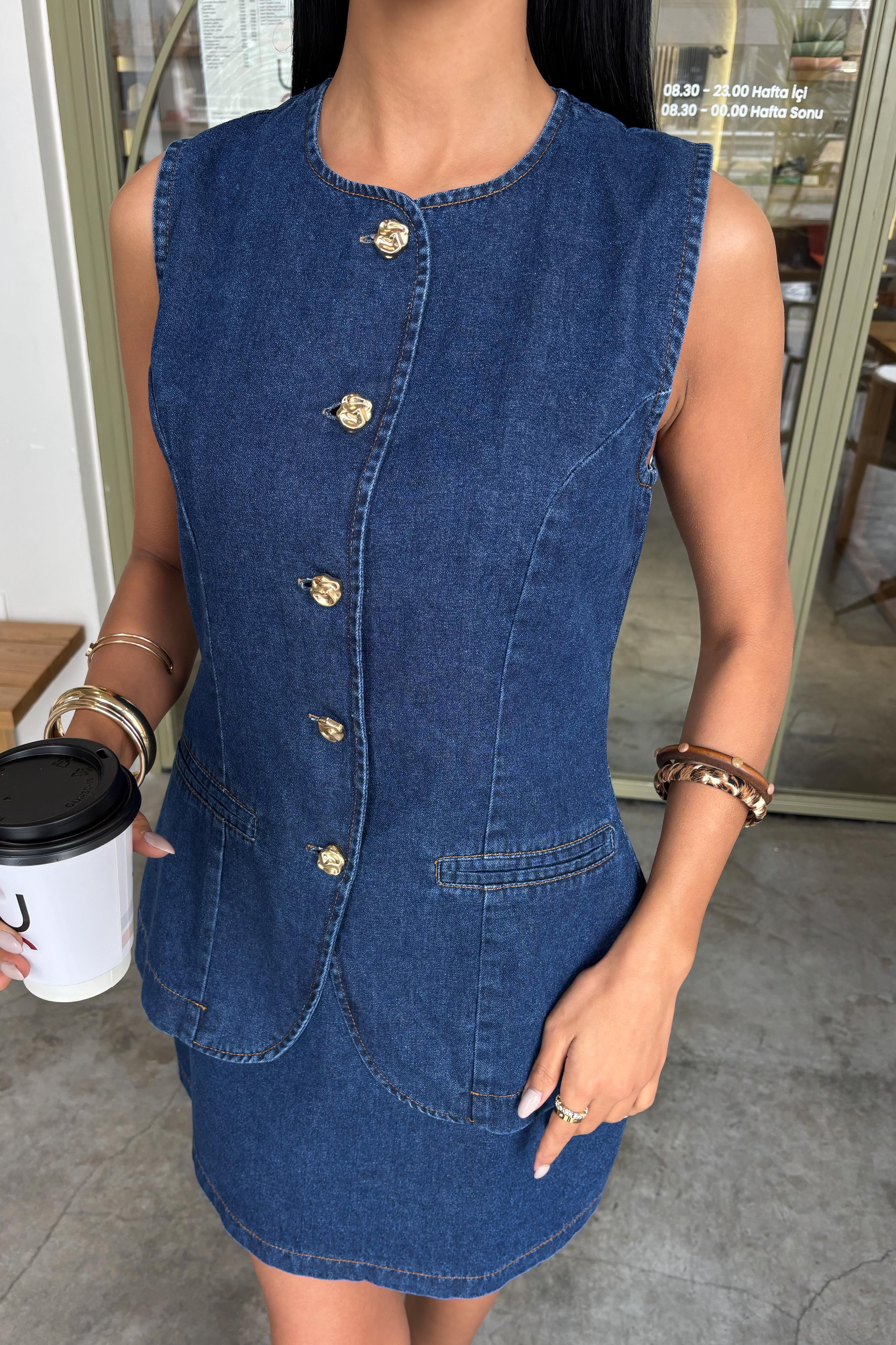 Kolsuz Yelekli Mini Etekli Denim Takım 10164 R5-I-K5