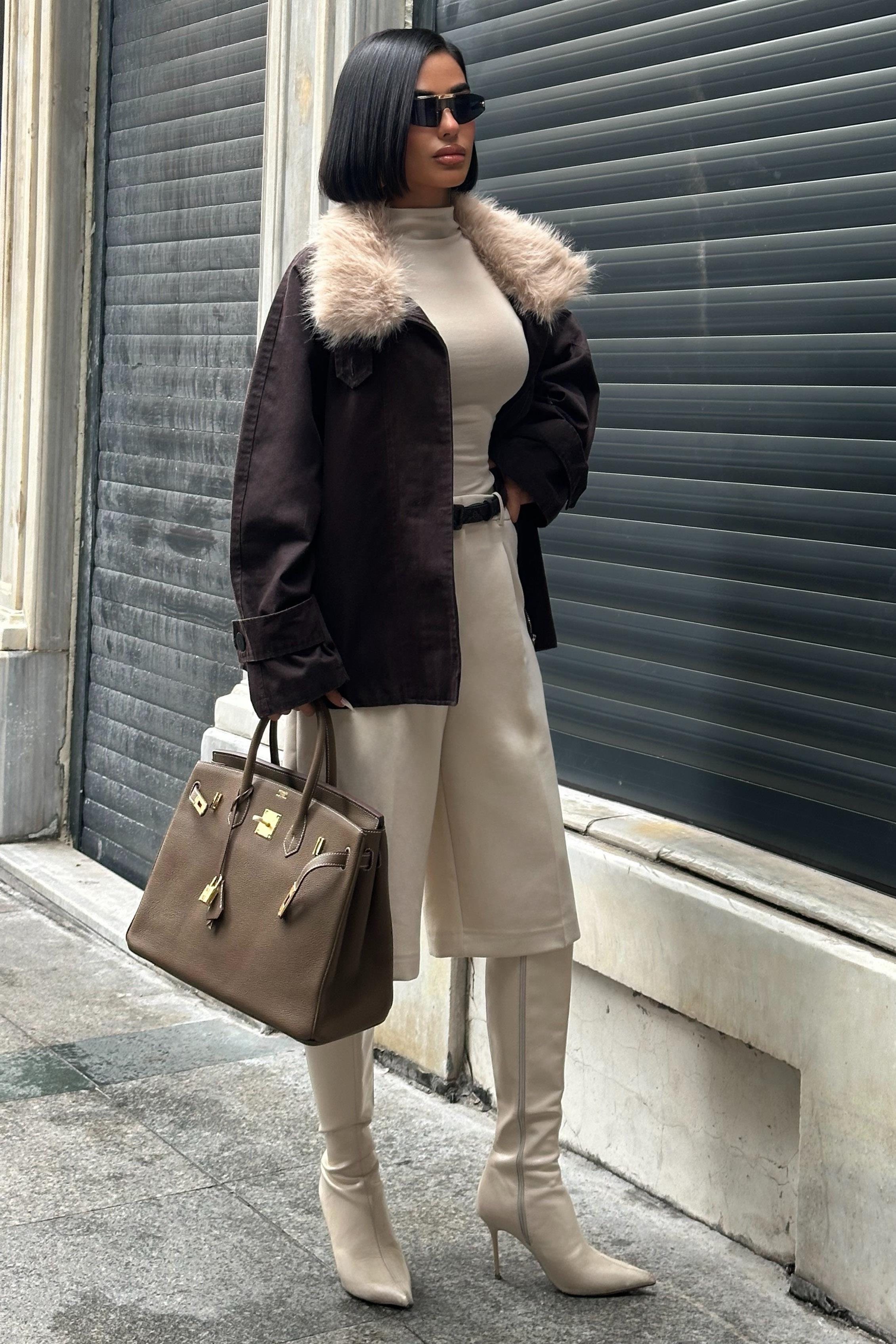 Kürk Yakalı Oversize Ceket 6135-08