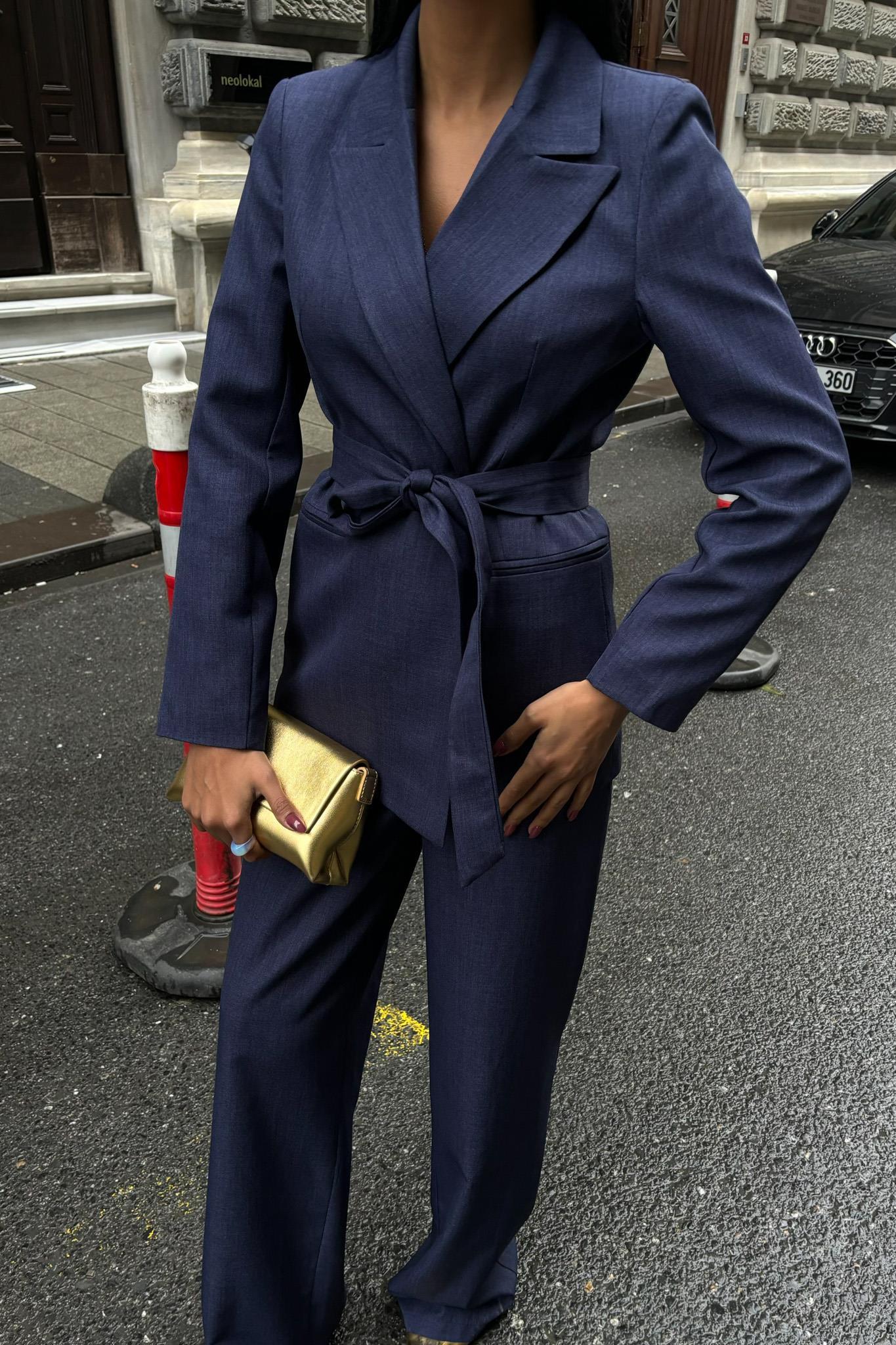 Kuşaklı Ceket ve Kemer Detaylı Pantolon Takım 10022 R8-H-K5