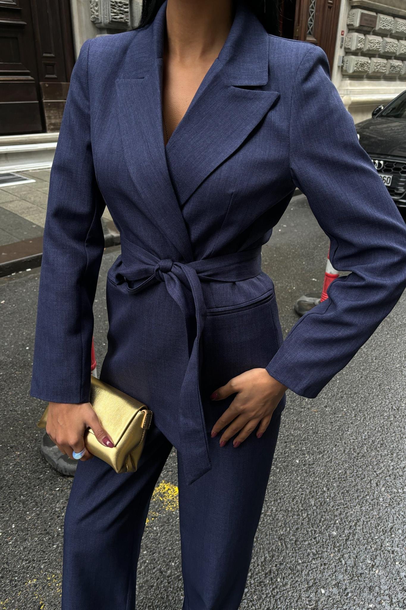 Kuşaklı Ceket ve Kemer Detaylı Pantolon Takım 10022 R8-H-K5