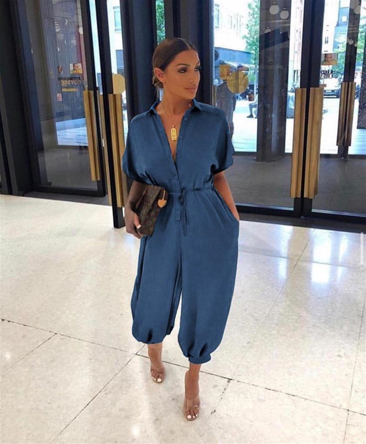 Kuşaklı düğme detaylı rahat tulum - MAVİ