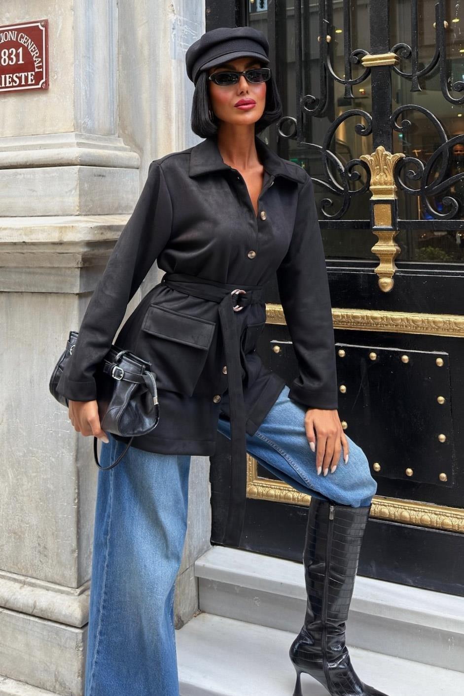 Kuşaklı ve Cepli Midi Gömlek Ceket 6130