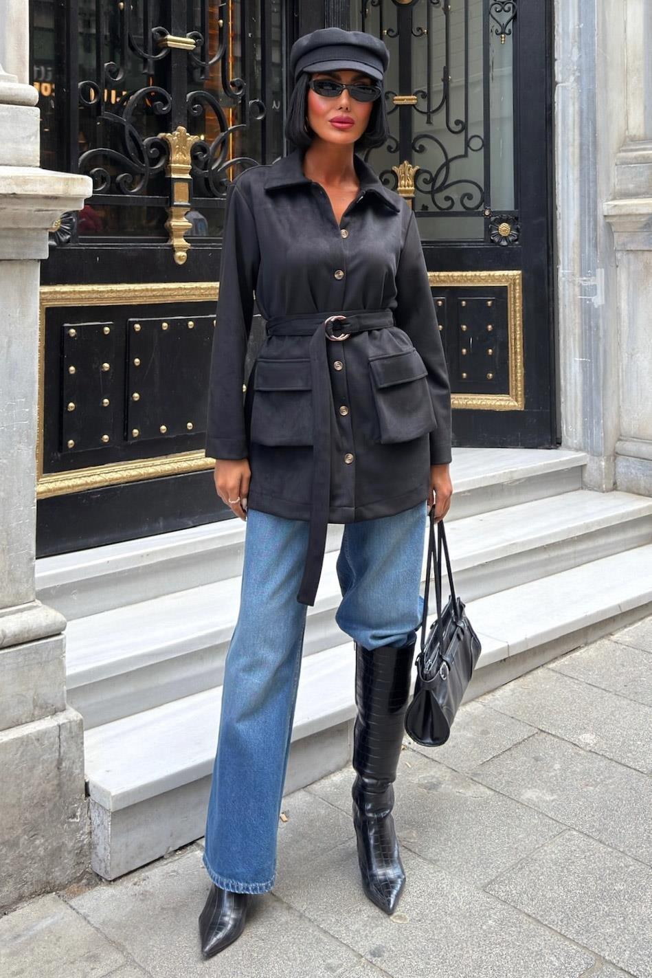 Kuşaklı ve Cepli Midi Gömlek Ceket 6130