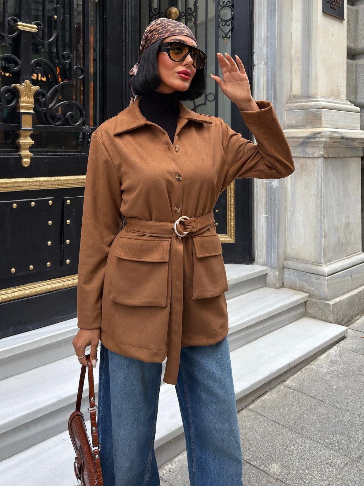 Kuşaklı ve Cepli Midi Gömlek Ceket 6130