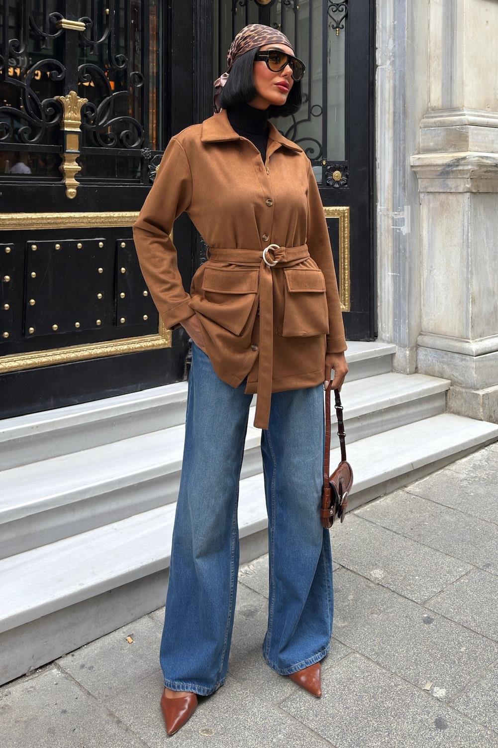 Kuşaklı ve Cepli Midi Gömlek Ceket 6130