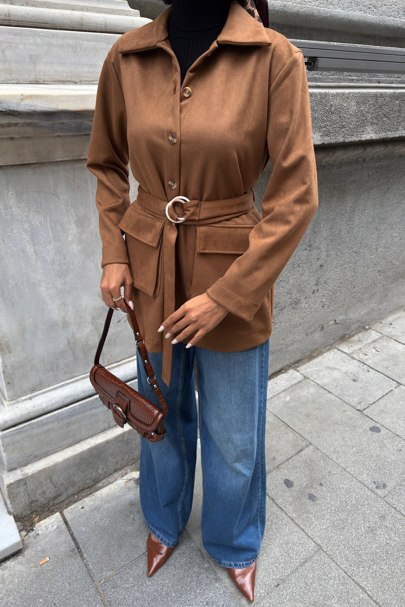 Kuşaklı ve Cepli Midi Gömlek Ceket 6130