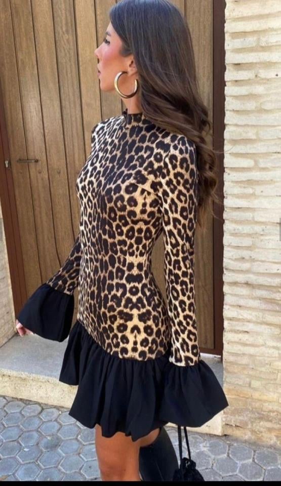 Leopar Desen Scuba Dalgıç Kumaş Garnili Elbise