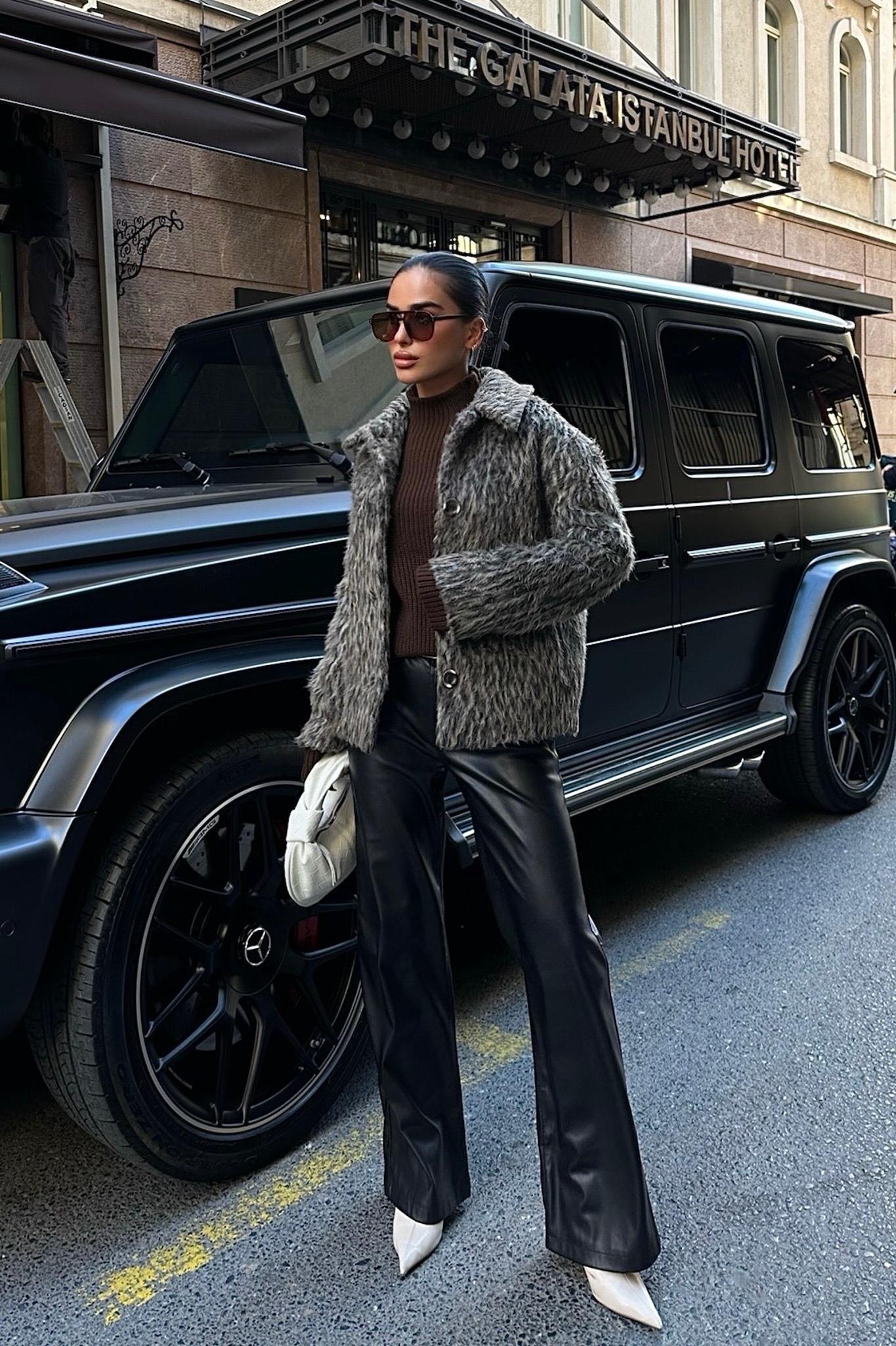 Leopar Desenli Suni Kürk Astarlı Ceket 7070