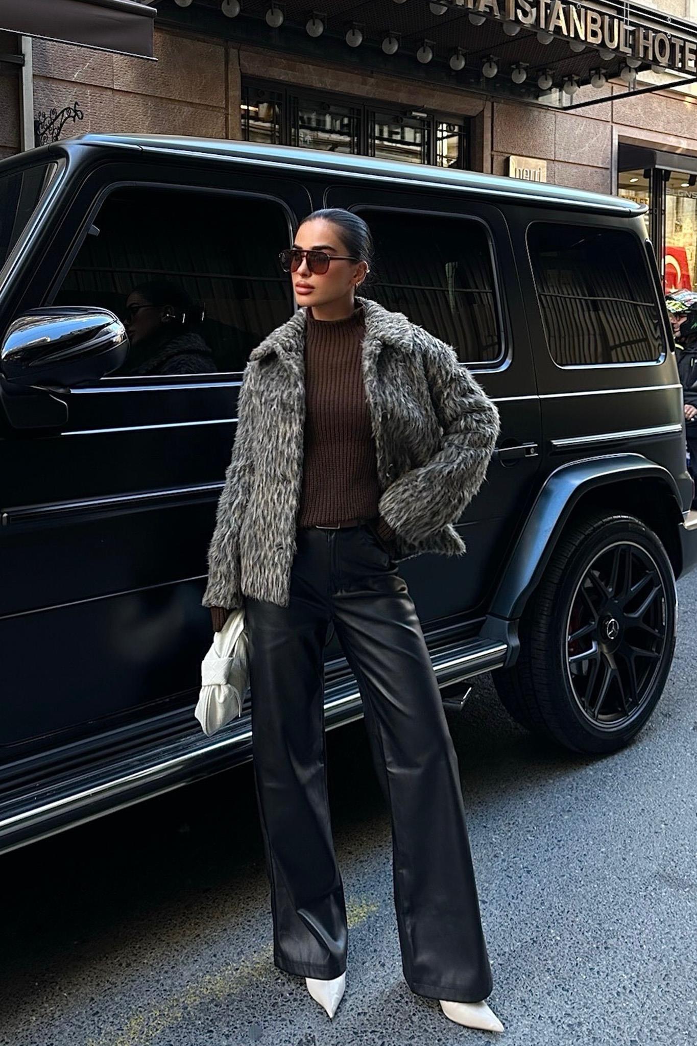 Leopar Desenli Suni Kürk Astarlı Ceket 7070