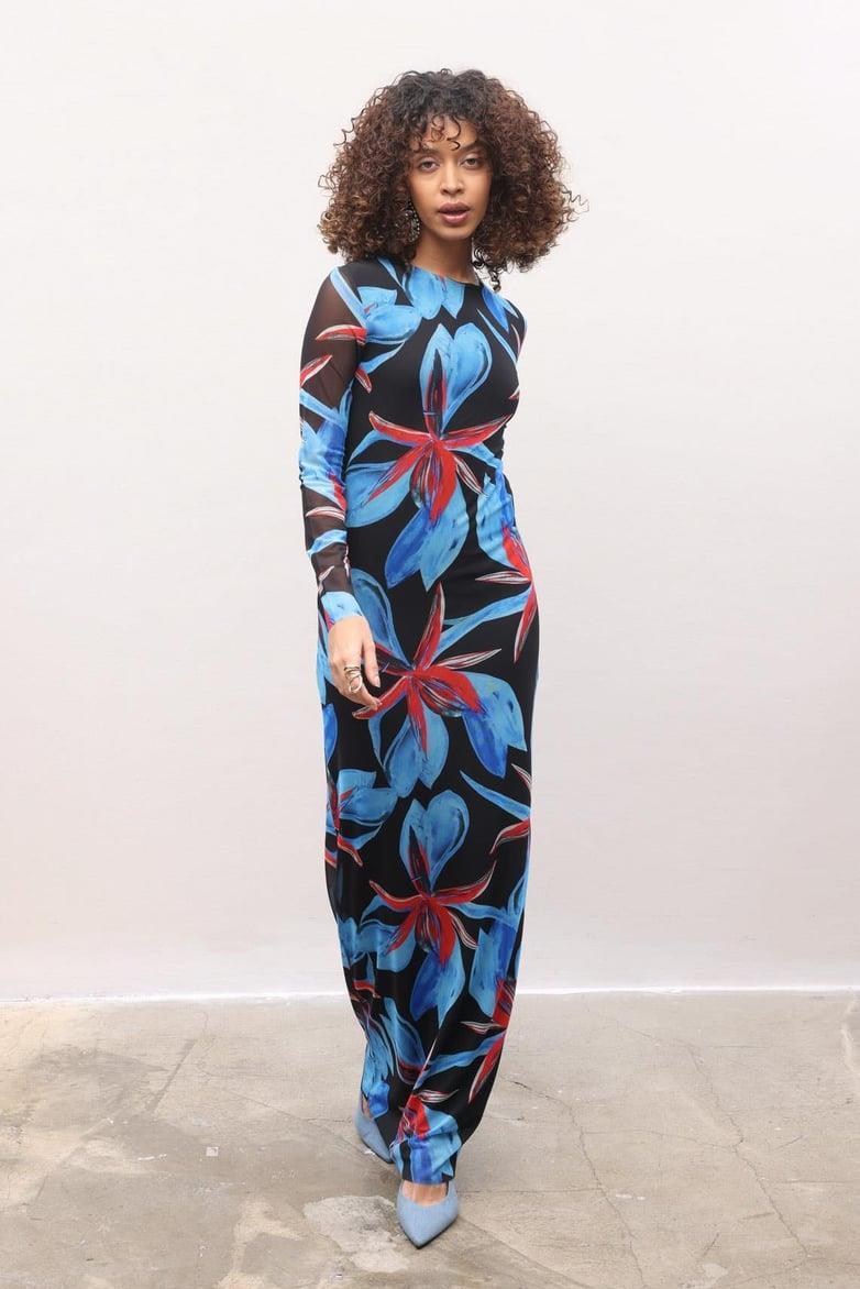 Mavi Çiçekli Uzun Tül Elbise 2671-8