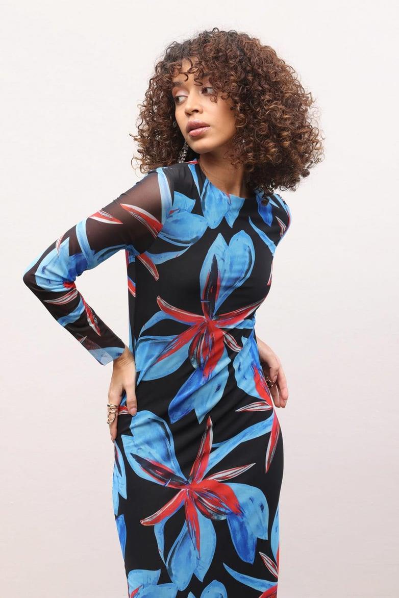 Mavi Çiçekli Uzun Tül Elbise 2671-8