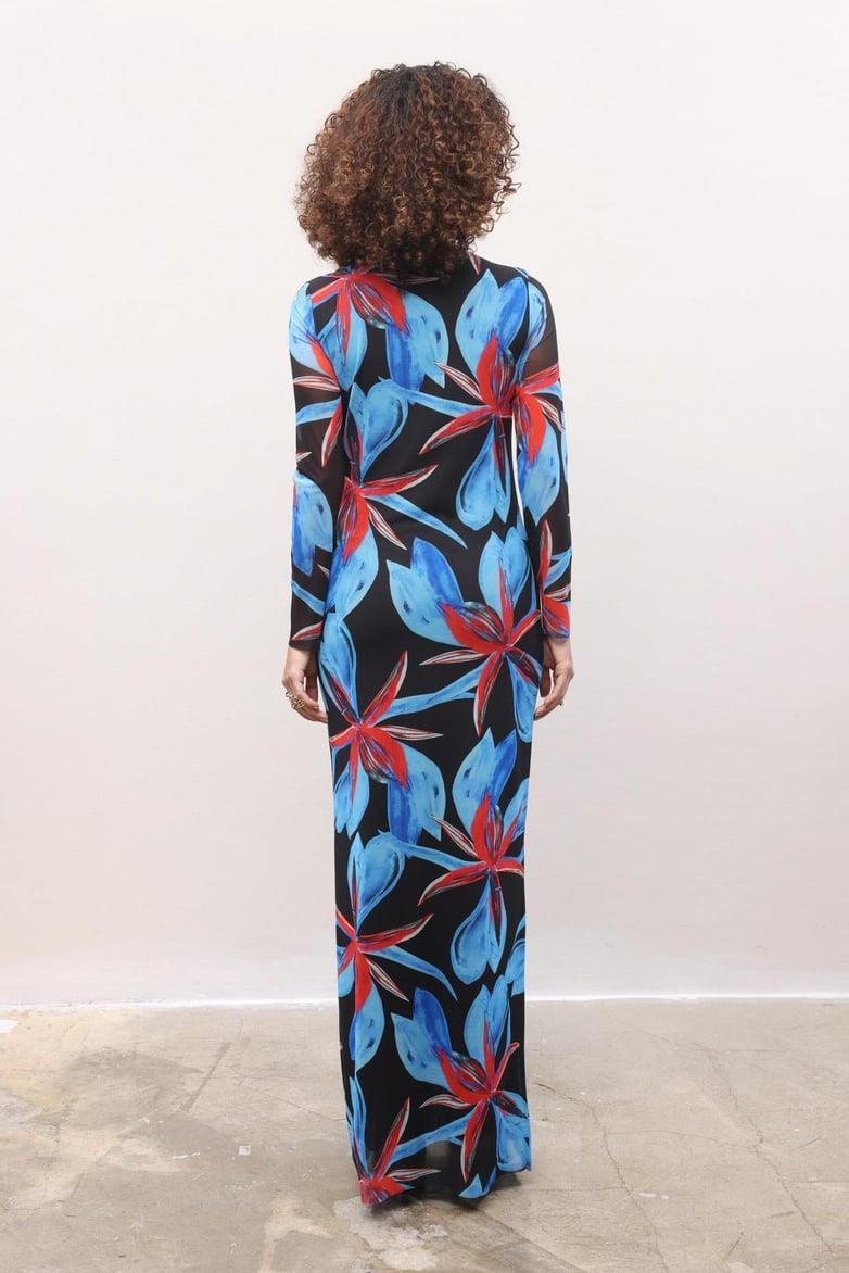 Mavi Çiçekli Uzun Tül Elbise 2671-8