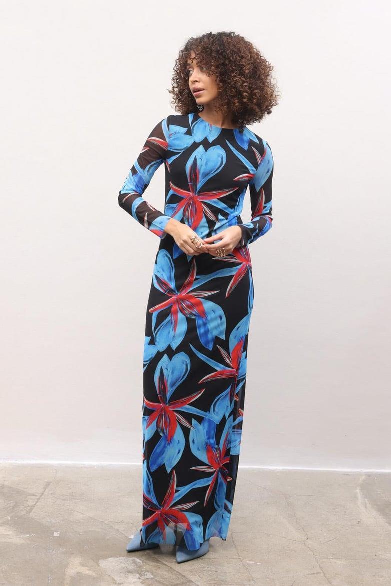 Mavi Çiçekli Uzun Tül Elbise 2671-8