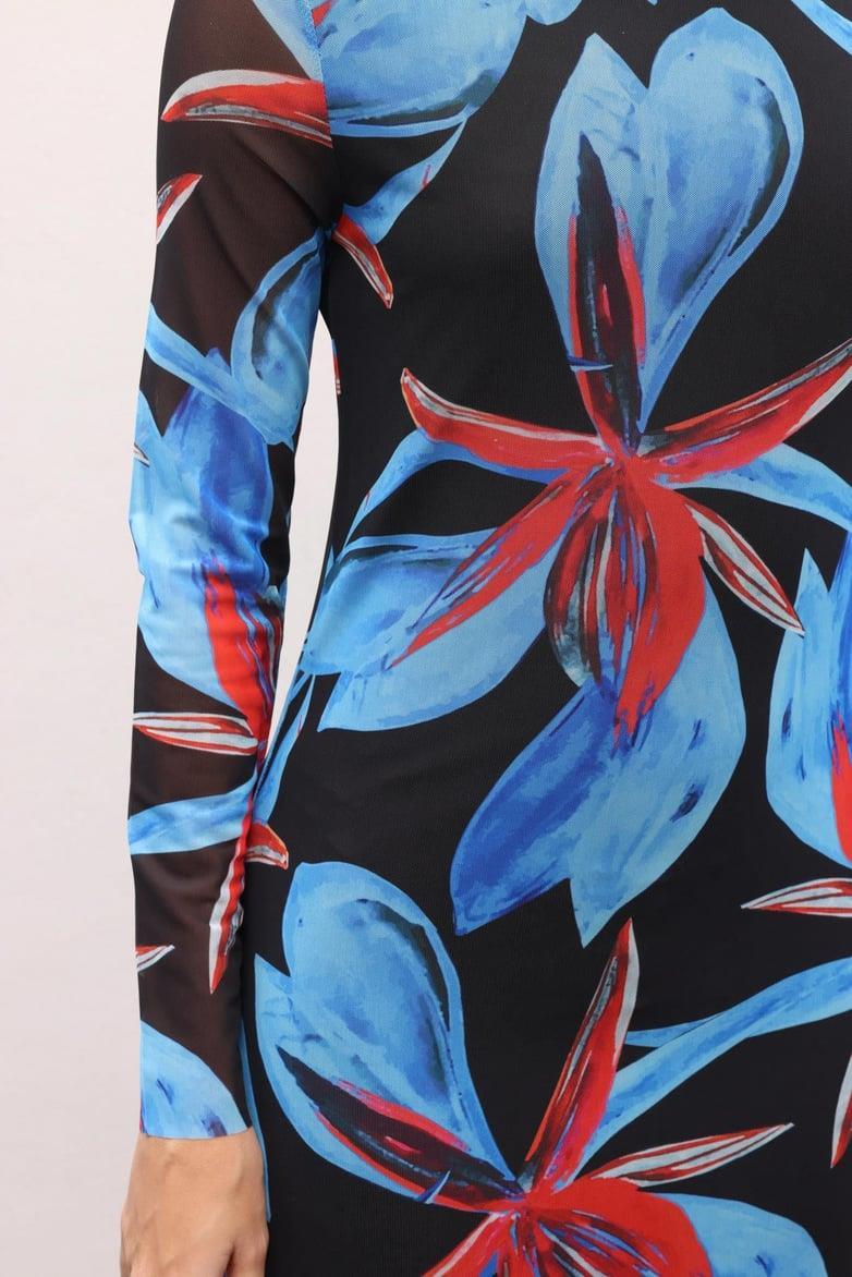 Mavi Çiçekli Uzun Tül Elbise 2671-8