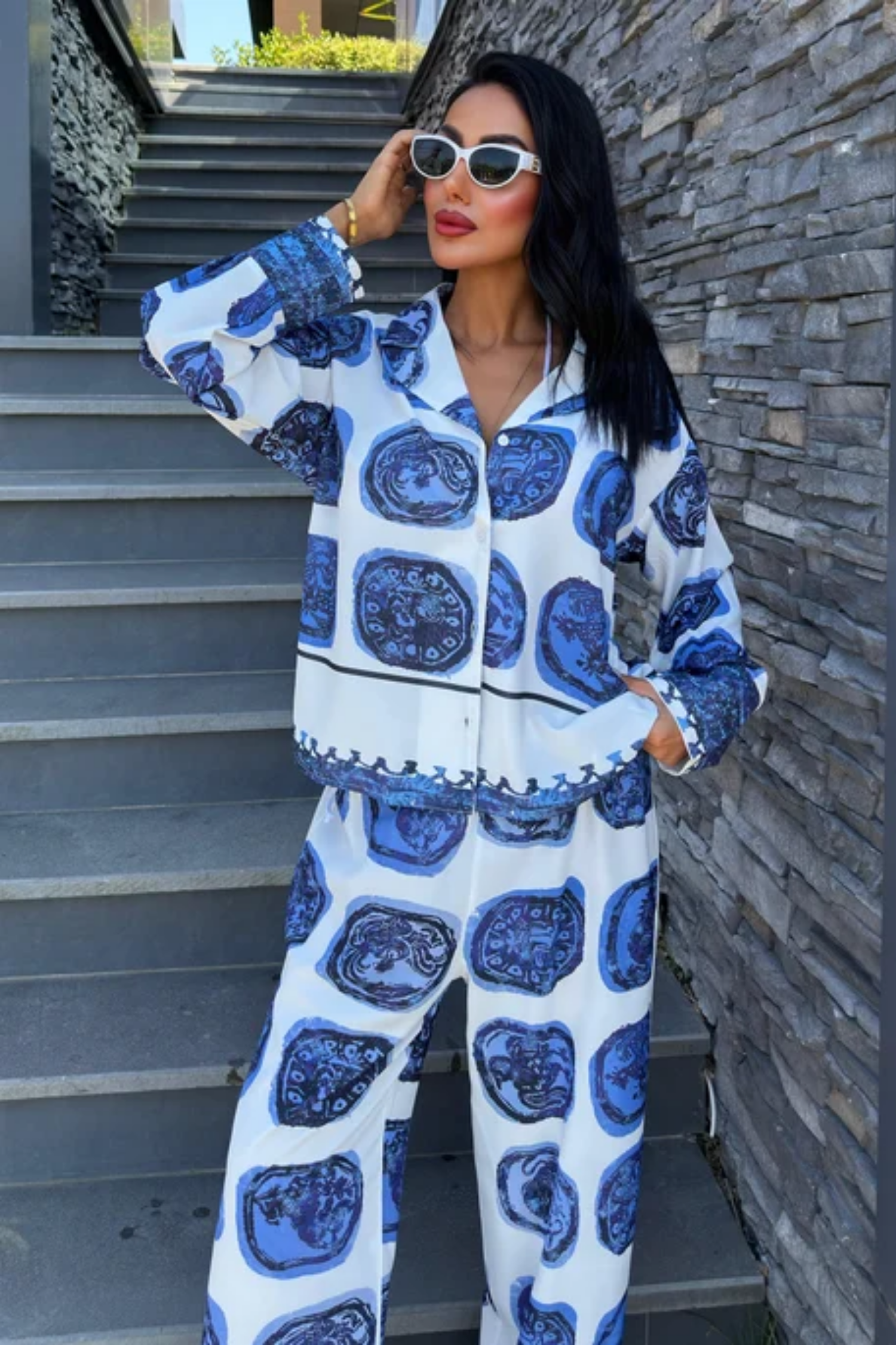 Mavi Desenli Salaş Saten Takım 10069 R6-C-K2