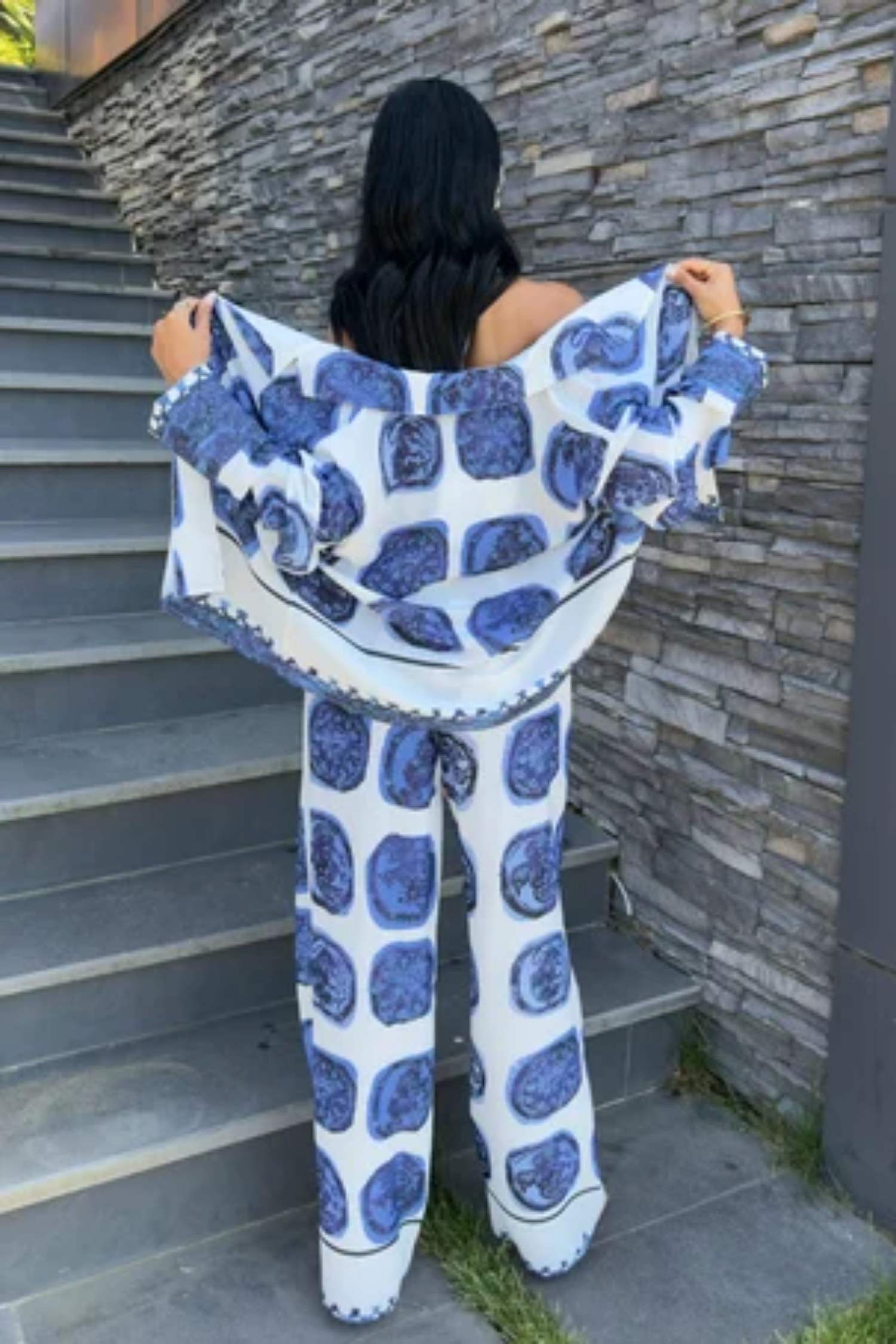 Mavi Desenli Salaş Saten Takım 10069 R6-C-K2