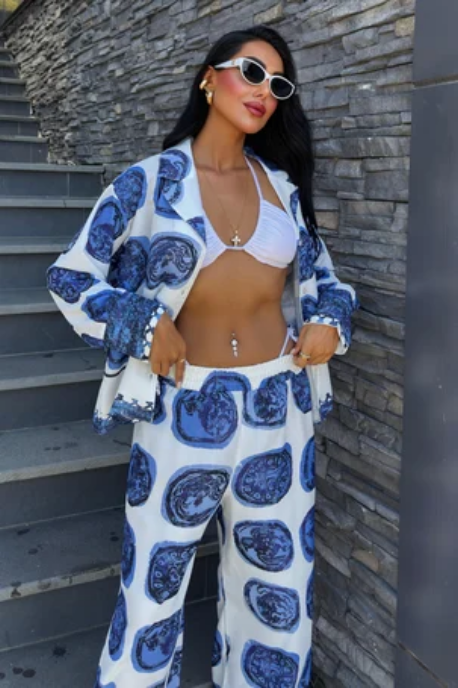 Mavi Desenli Salaş Saten Takım 10069 R6-C-K2