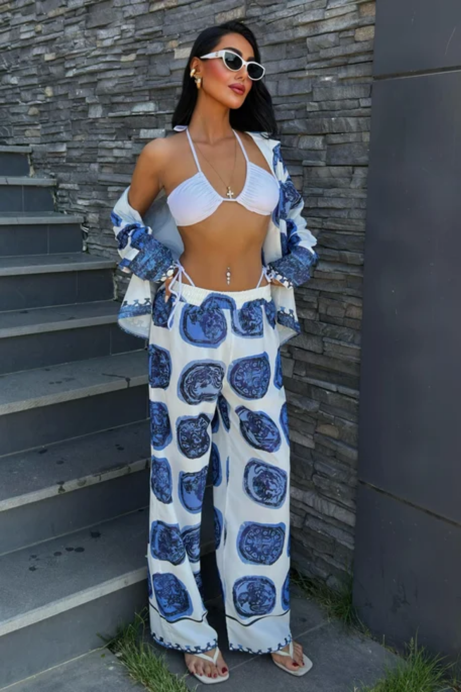 Mavi Desenli Salaş Saten Takım 10069 R6-C-K2